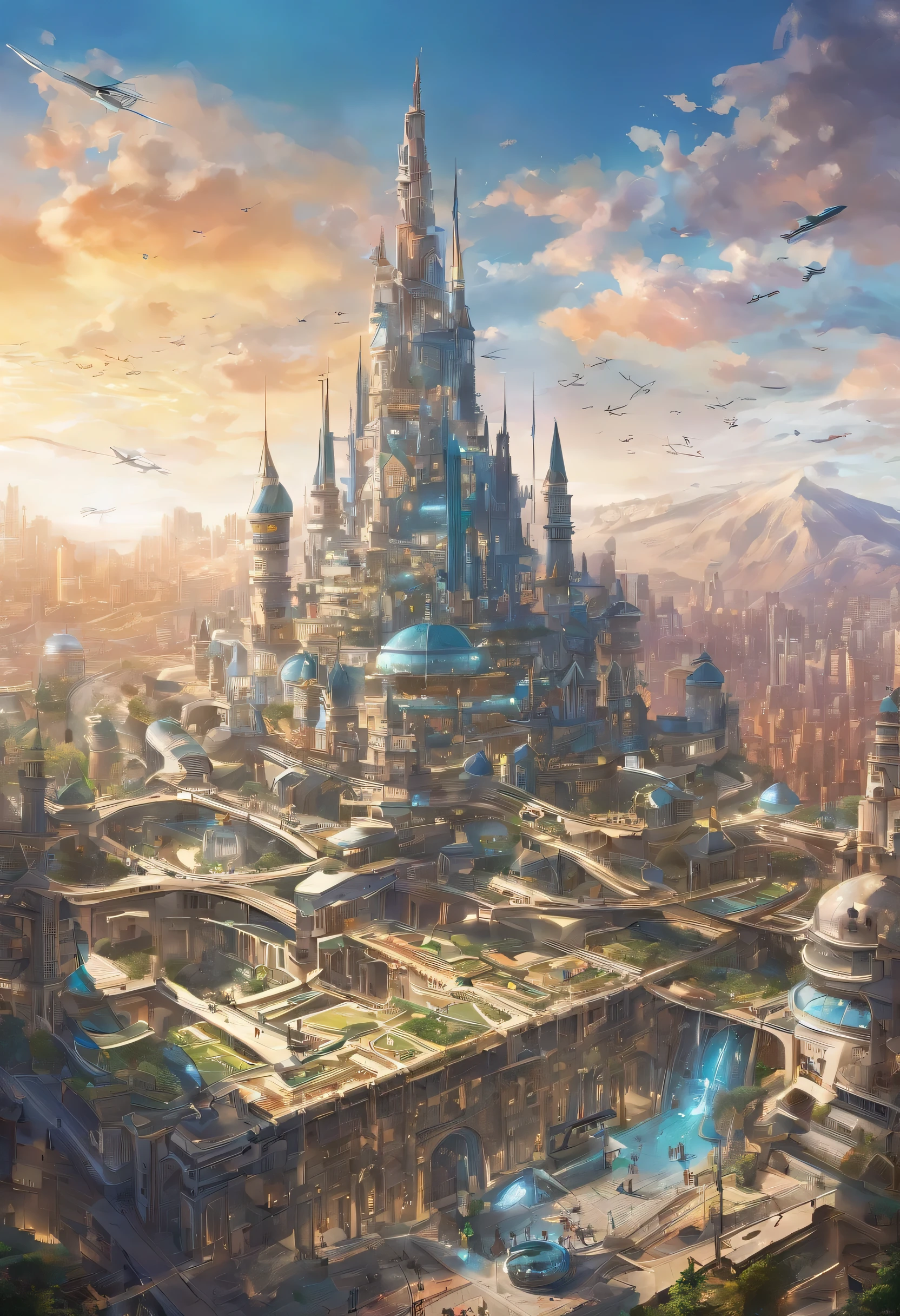 Futuristic metropolis skyline, towering skyscrapers, stylish architecture, Advanced technology, Lively activities:1.1, Paint a picture of an innovative and prosperous city, (Metal and glass curtain walls)1.2 Reflect sunlight, A skyline with state-of-the-art architecture and bustling cityscapes.
impregnable fortress, Castle aesthetics and modern defense system, Reinforce wall, energy shield:1.1, Seamless blend of old and new, (Contrasting architectural styles)1.2, A huge (fortress structure)1.3 in the city center, Featuring impenetrable walls and cutting-edge defense systems.
guard tower, Armed drone patrol, Monitor network, High-tech security infrastructure, vigilant protection:1.1, Emphasizing the city's focus on safety and defense, (Streamlined and efficient structure)1.2, (Drones and advanced surveillance)1.3 Ensure the safety of people’s lives, a modern fortress,Demonstrates a city's commitment to its conservation.
central hub of governance, futuristic castle design, command center, strategic location, A symbol of authority:1.1, Portraying the castle as the center of power, (Innovative and commanding architecture)1.2, A (Centralized management structure)1.3, exuding authority,Become a symbol of urban strength and governance.
Intricate urban layout, Concentric rings developed around the castle, organized infrastructure, Efficient transportation:1.1, Describe carefully planned urban design, (circular city layout)1.2 Around the castle, efficient road network, and advanced public transportation, Emphasis on the organized modern development of cities.