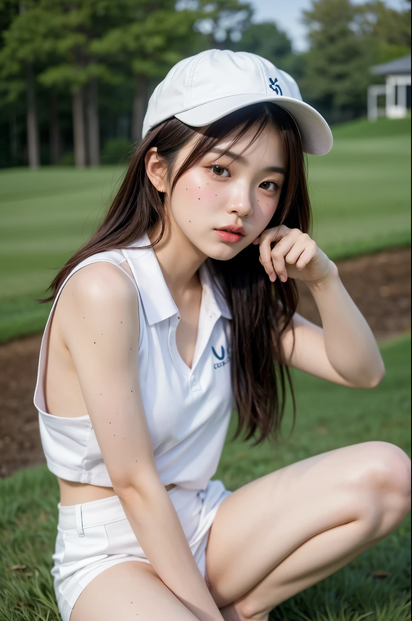 ((1 Korean girl)), ethereal beautiful, beautiful girl,slim, real skin tone, soft light, close up picture, masterpiece, best quality, photo-realistic, high resolution, detailed skin, 8k uhd, dslr, soft lighting, high quality, film grain, Sony A7S, full body, (topless golf uniform with hat:1.4), ((in the golf club)), ((standing pose)), (nsfw:1.4), soft hairy pussy