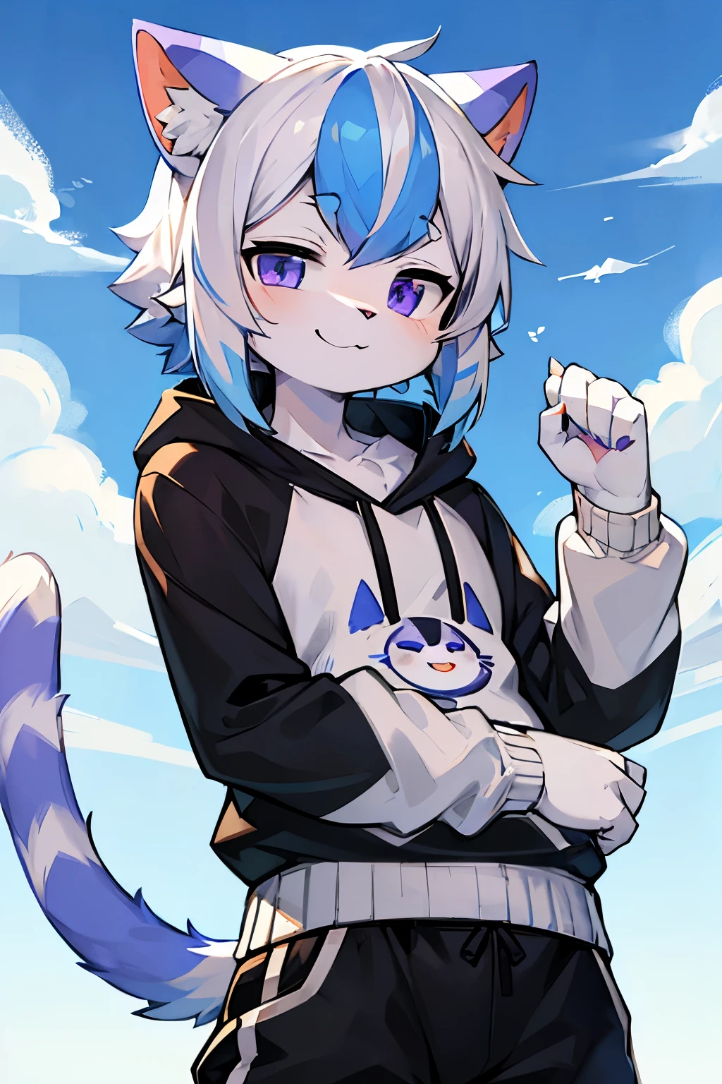 Cat breed:cat plush,hairy,furry,bust avatar,Colorful Patterned White Sweatshirt,Black casual pants with white stripes,Q version,cute,Simple art style,Cartoon style,purple eyes,Cheerful,happy,Ears with blue hair and ear tips with white hair,blue hair on back,Tail blue with white tip,Blue sky and white clouds,sunny