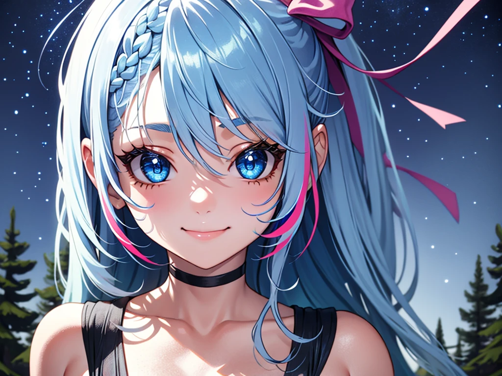 girl mobile suit pink, higly detailed, whit cute face, best quality, 1girl, sorrindo, long hair, usando uma capa grande com a parte de fora preta e a parte de dentro dourada e pelo branco, capa muito detalhada, ribbon, forest in the background and she standing looking at the sky, beautiful, detailed eyes, blue eyes, long hair, highly detailed, finely detail, (stars), (streaked hair), ((Ink Blue hair)), (white inner hair)