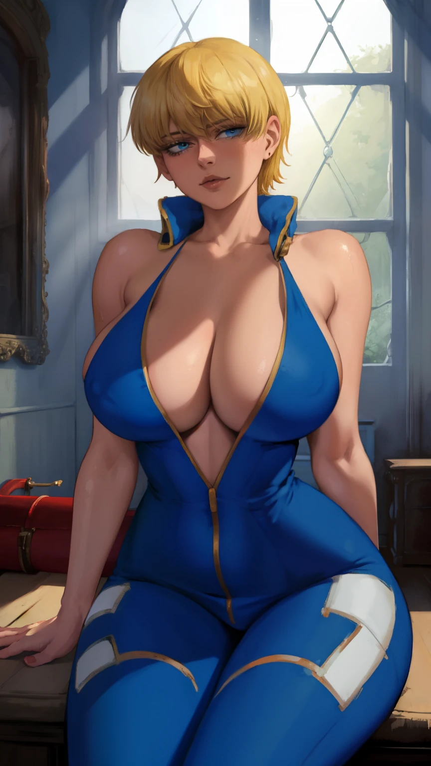 masterpiece, best quality, seras, seras victoria,  hellsing, 1girl, solo, , sitting,, warm lighting, lustful gaze, in heat, horny, head tilt, looking to the side, gigantic breasts, breast focus,  boob window, bare breasts, arms behind back, arms behind back, Detailed face, Detailed blue eyes, Detailed face, blue eyes, perfect eyes, perfect face, nude, naked breasts, cleavage, blue one piece bodysuit, wearing blue one piece bodysuit, blue jumpsuit,  wattson, apex_legends 