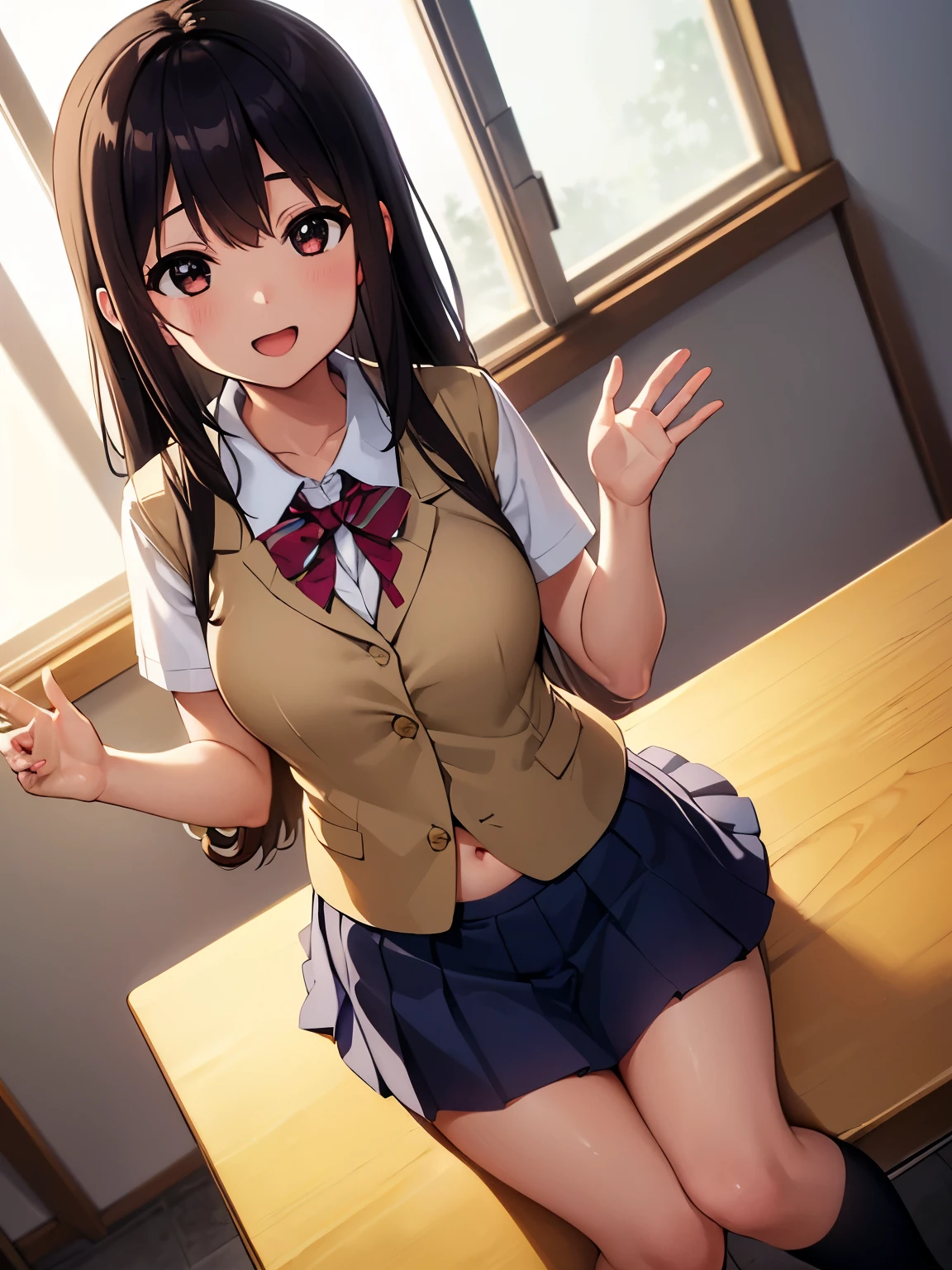 (best quality, masterpiece:1.2), 1girl, (((masterpiece))), (((full body))), (((sit in class))), top-quality, top-quality, High Details, nakano azusa, 1girl, Sakuragaoka High School Uniform, Twin-tailed, length hair, A dark-haired, brown-eyed, solo, reddish, Dark blue blazer with thin blue ribbon, Solid white buttoned shirt under blazer, illustratio, comic strip, soothing tones, Subdued Color, Soft cinematic light, adobe lightroom, photolab, HDR, intricately and hyper-detailed、(((depth of fieldasterpiece)))。(((top-quality))).)((ultra-detailliert)))。(((illustratio)))。(((takeout))).dynamic focus.big breasts.(((School))).(((A classroom))).(((Face of happy smile))). Close eye, open mouth.(((Hands waving))).(((up chest))).((morning glow)).((the setting sun)), solo, anime, anime screencap, ray tracing, ultra resolution image, vivid color,  cinematic light,  lens flare,  light on face, glow eyes,  depth of field, happy, detailed background, cute,  straight-on, dive dress, navel,