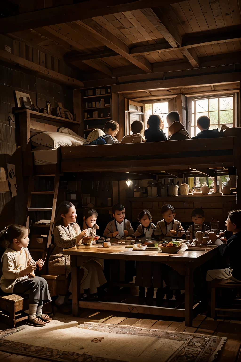 draw an illustration of a family with many children in a house during the industrial revolution that suffers from a lack of food
