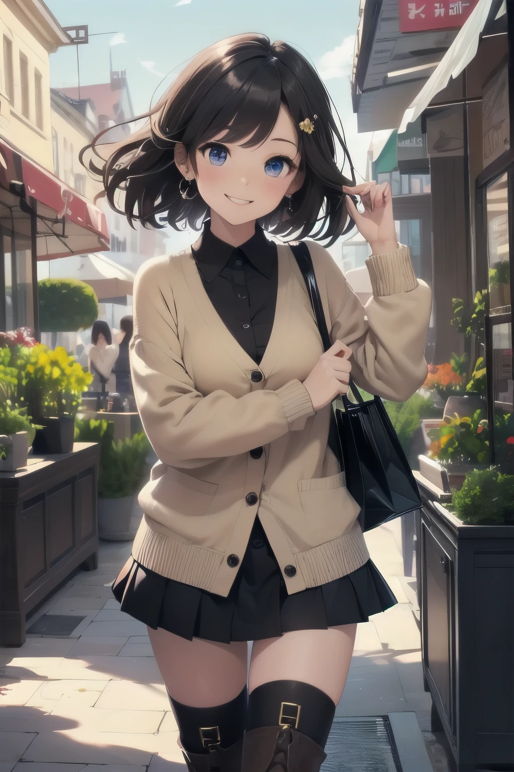 very cute and beautiful girl,teen,(highly detailed beautiful face and eyes:1.2),(white blouse),
smile,(mid shot:1.15),looking at viewer,
(beige cardigan:1.2) BREAK detailed legs,zettai ryouiki,brown shoulder bag,(brown boots:1.2),
dynamic pose,dynamic angle,hair ornament,black hair,(black mini skirt:1.2),shopping street,cafe terrace,flower shop,
(best quality,masterpiece:1.2),intricate details,solo,8k resolution,natural lighting,
hair fluttering in the wind,beautiful detailed sky,