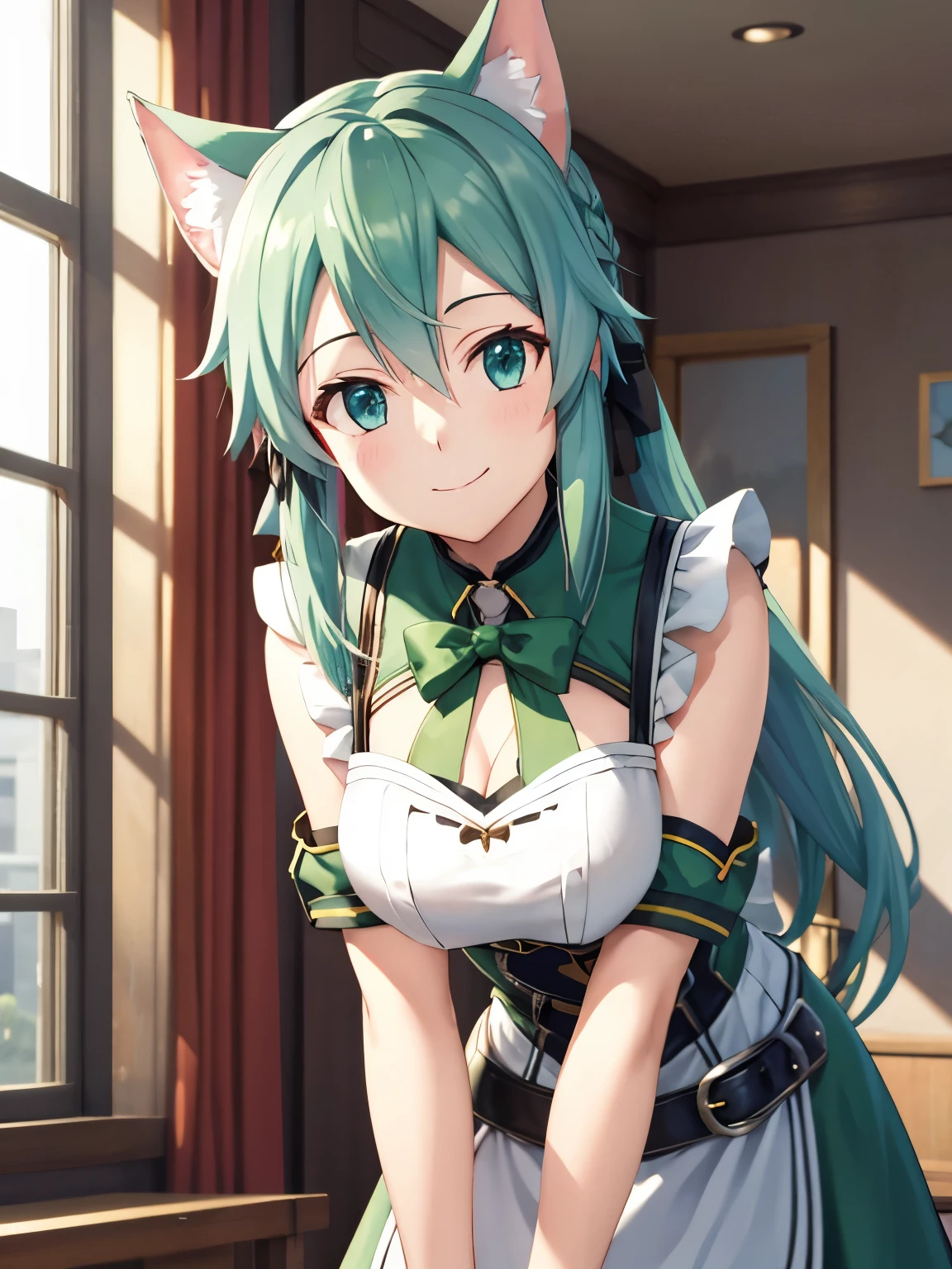 highest quality, High resolution, unity 8k wallpaper,Absolute reference to center、standing、Sinon 、solo、green hair、hair ribbon, Break maid uniform、white maid outfit、gothic  style、standing 壊す looking at viewer, destroy indoors,closed mouth、smile、Upper body、leaning forward、sexy