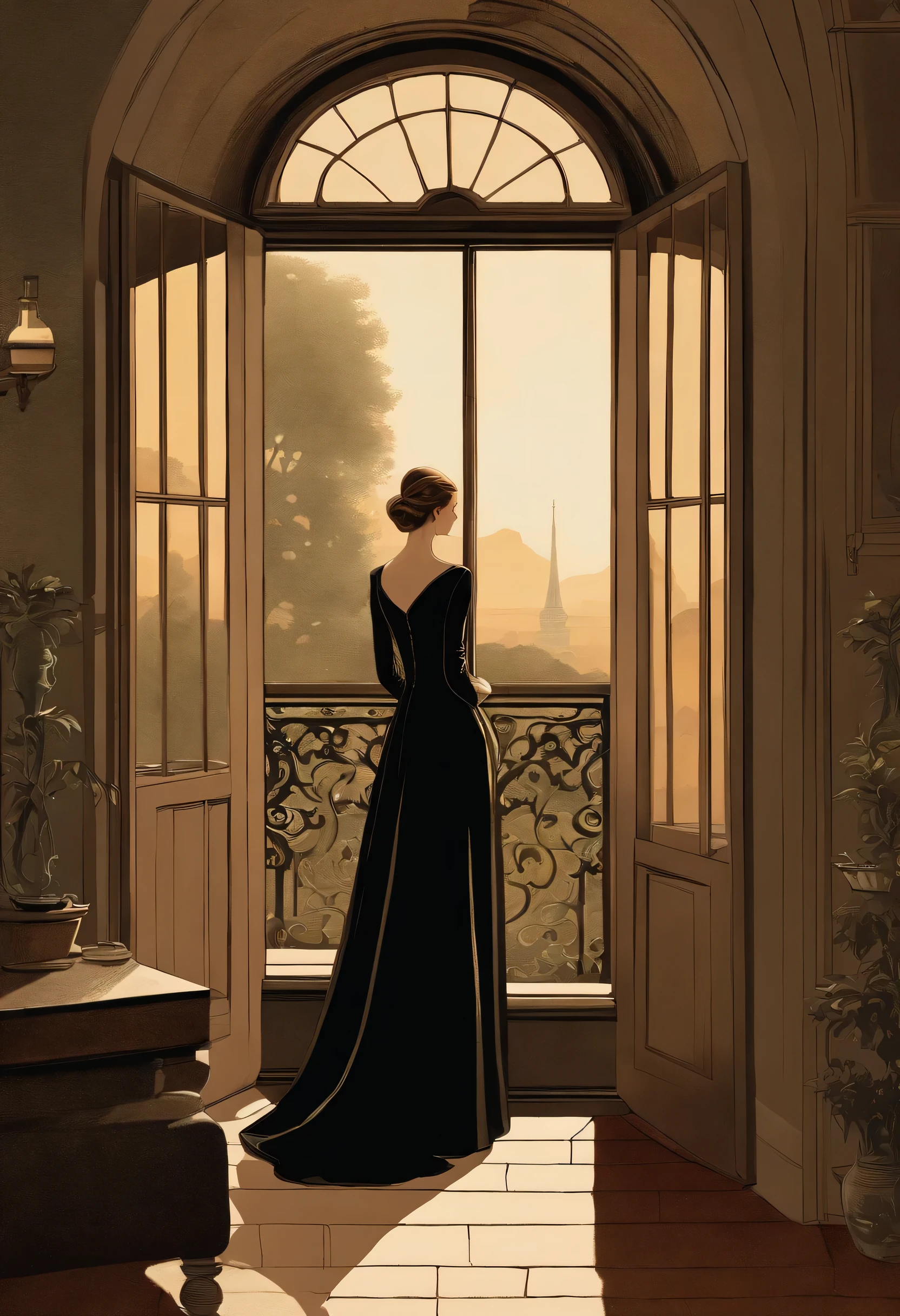 n the style of francois schuiten, emotive watercolors, paul delvaux, james gilleard, A scene where a young and elegant British countess leans against the large window of a mansion and looks out the window, 1880s style all black color dress, hair in a bun, bronze hair, back view, distant view, garden, sad expression, minimalistic illust style, row detail, 2D flat illustration is minimal