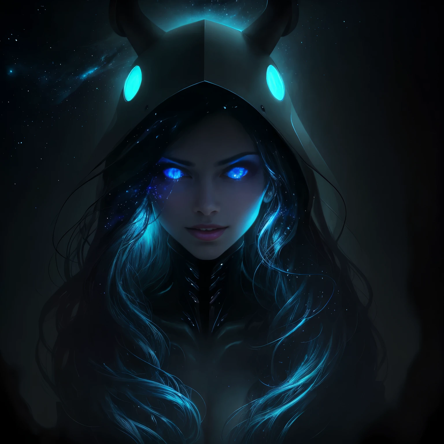 (highres,photorealistic,sharp focus),humanoid alien creature with a vertically split face forming a mouth,beautiful predatory creature resembling a woman,alien-monster hybrid,terrifying hunter,[cosmic,extraterrestrial] being,organic entity,otherworldly predator,transcendent life form,long,flowing hair,piercing,glowing eyes,intense gaze,[elegant,graceful],seductive facial features,[sharp,pointed,elongated] teeth,[venomous,poisonous] fangs,fierce,captivating smile,sleek yet muscular body,[curves,figure] resembling a woman,[graceful,towering] presence,alien skin texture resembling iridescent scales,[ethereal,luminescent] glow,[sinister,ominous] aura,slinking,bipedal movement,[silent,predatory] footstepesmerizing,hypnotic] dance,[unearthly,haunting] elegance,contrasting colors,[darkness,shadows] embracing the creature,dystopian background scenery,[cosmic,galactic] backdrop,ominous celestial bodies,pulsating nebulas,[extraterrestrial,surreal] vegetation,rays of ethereal light [filtering,caressing] the scene,dramatic chiaroscuro lighting,penetrating the darkness,creating an intimate yet terrifying ambiance.