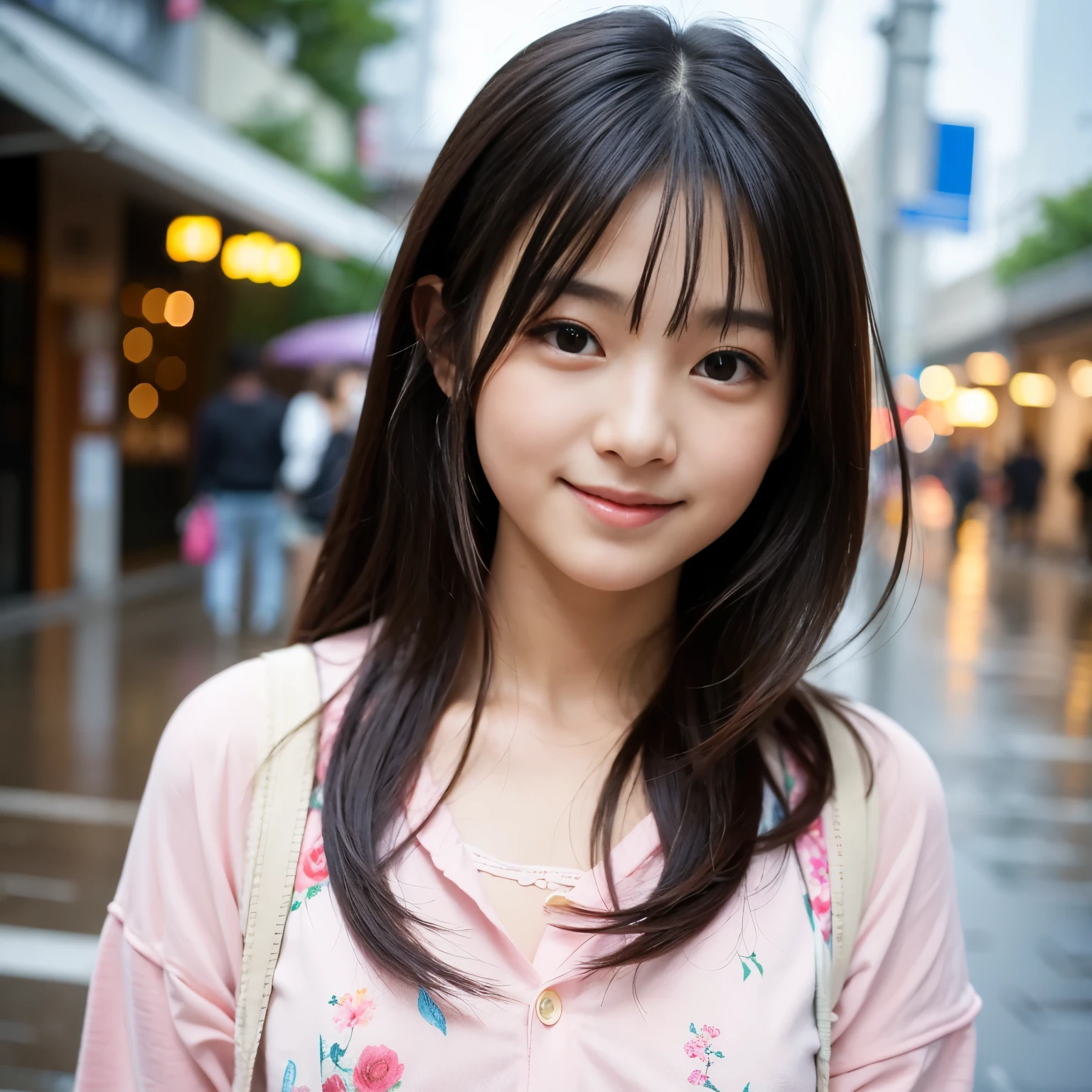 Best-quality, Masterpiece, Ultra-High-Resolution, (Photorealistic:1.4), Raw-Photo, Extremely-Details, Perfect-Anatomy, 1girl, -yeld, thost famous Japanese idol, at heavy-rainy street of Japanese, innocent-smile, looking at viewer, extremely cute face like the most popular Japanese idol, extremely beautiful big-black-solid-circle-eyes, extremely beautiful hair, extremely beautiful skins, extremely beautiful long-eyelashes, extremely beautiful lips, wearing spring-clothes with cute-design