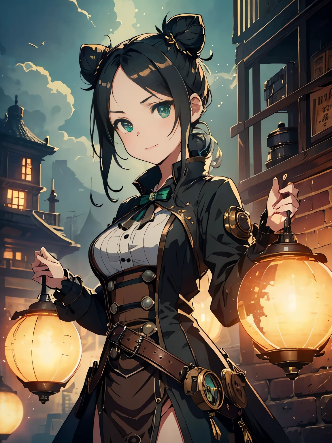 cinematic angle、 steampunkな世界、(steampunk)、steam raising machine、steam rises、Lots of steam machines、High level image quality、((two bun hair)) long hair in two buns,、forehead is exposed.、black hair、green eyes、、dark tone、slight smile, bright colors、Upper body, delicate drawing、