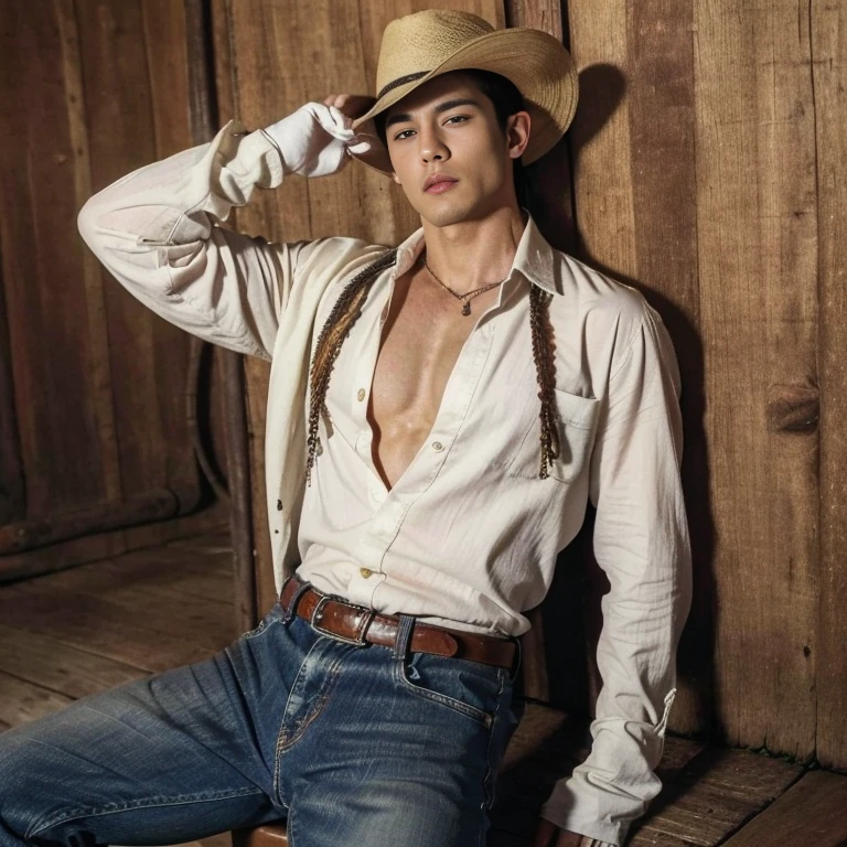 ((masterpiece)), ((best quality:1.2)), High Resolution, 8k, (ultra_realistic:1.3), (photorealistic:1.4), sharp focus, yaoi, 1boy, (perfect face), cowboy , half asian half caucasian, white man, handsome sexy ,abs, jeans , shirtless , mask scarf , cowboy hat , gloves, boots, ammunition belt, desert environment
