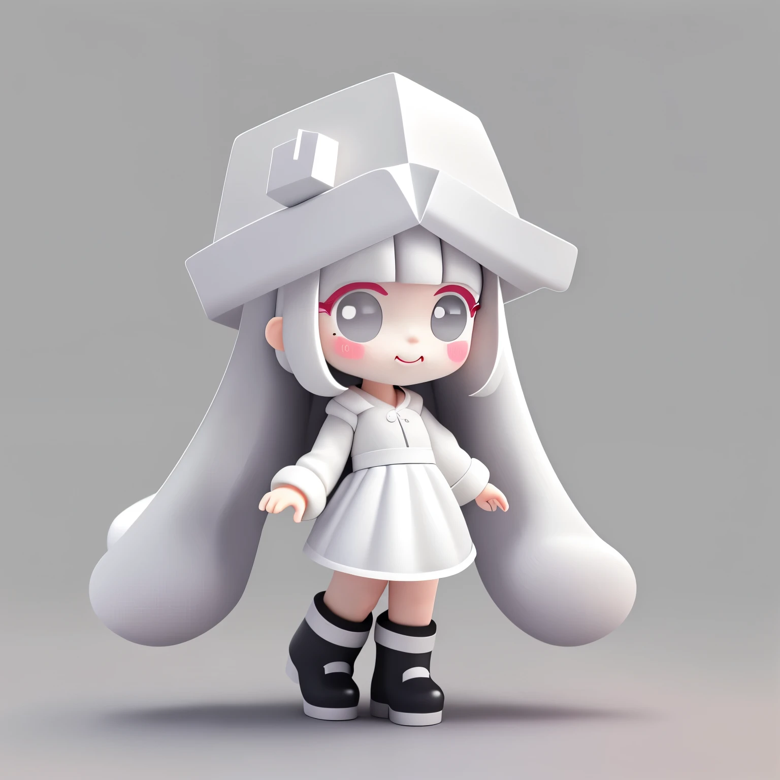 Bubble Mart blind box style,A cute little girl who loves to laugh,Wearing a white box-shaped hat,princess cut hairstyle,Off-white hair,Wearing dark gray skirt and boots