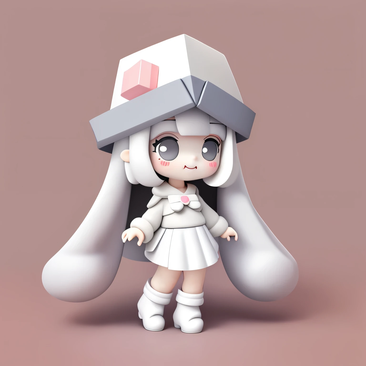 Bubble Mart blind box style,A cute little girl who loves to laugh,Wearing a white box-shaped hat,princess cut hairstyle,Off-white hair,Wearing dark gray skirt and boots