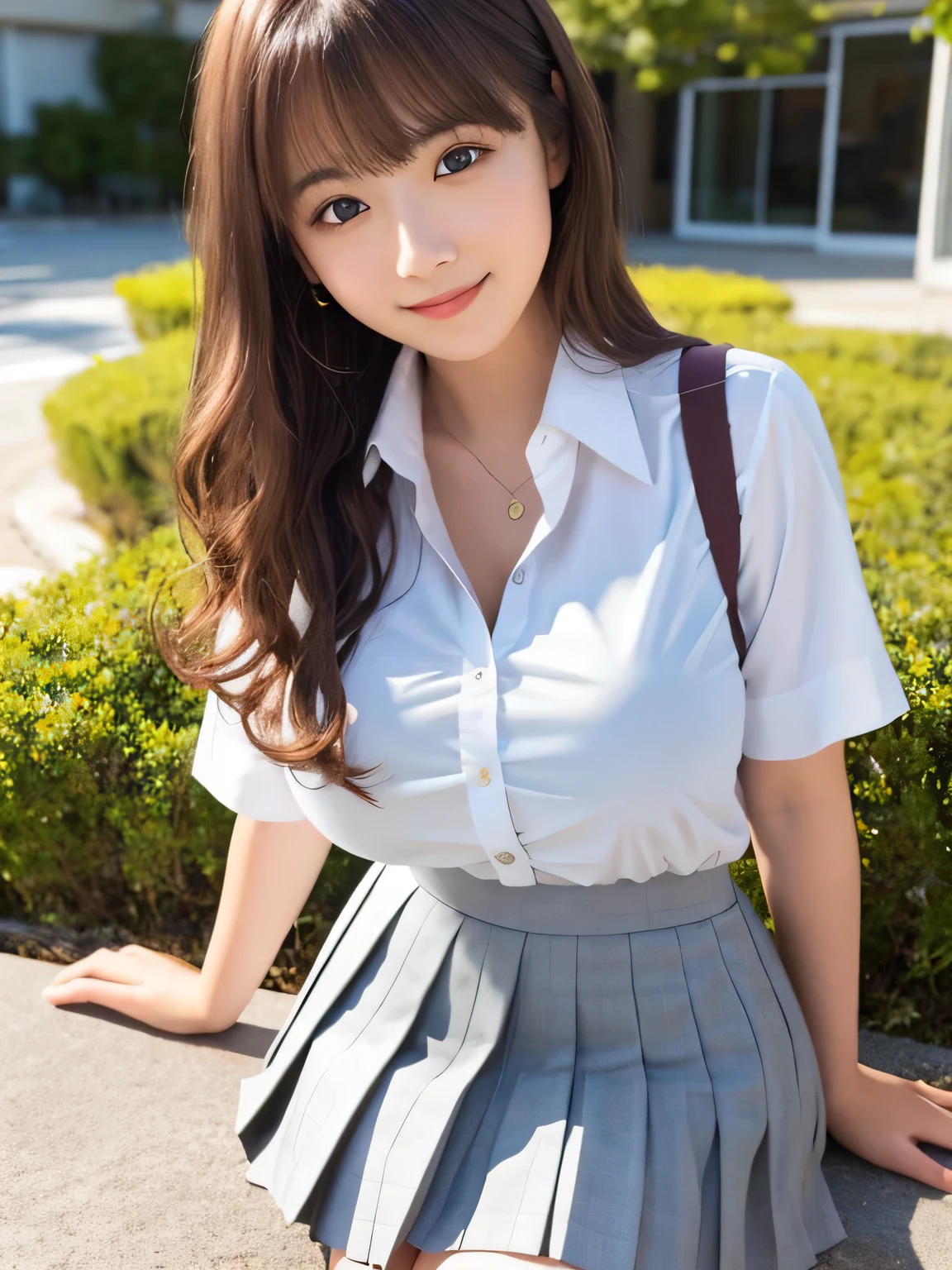 8k, highest quality, real image, intricate details, Super detailed, ultra high resolution, depth field,(realistic,realistic:1.2), from the middle, 1 Japanese girl, very beautiful 17 year old girl, Big eyes, beautiful breasts:1.5、highly detailed eyes:1.2), (beautiful breasts:1.1), (small breasts:1.2), wavy hair、curly hair、bangs, perfect skin, Fair skin, huge hips, thick thighs, thick legs, cleavage, tight waist, light blush, alone, looking at the viewer, (smile), (School_uniform), (white shirt), (gray pleated skirt), (sculpture installation :1.1), break (closed mouth) 