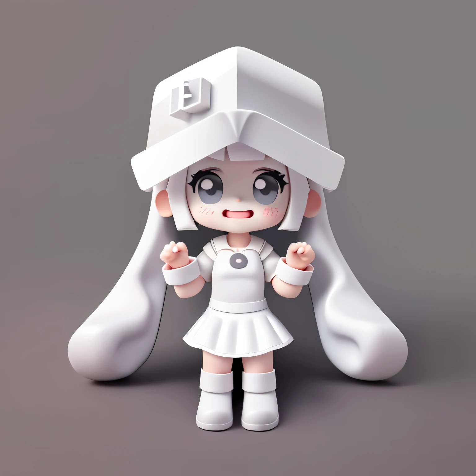 Bubble Mart blind box style,A cute little girl who loves to laugh,Sitting half sideways on the ground,Wearing a white box-shaped hat,princess cut hairstyle,Off-white hair,Wearing dark gray skirt and boots