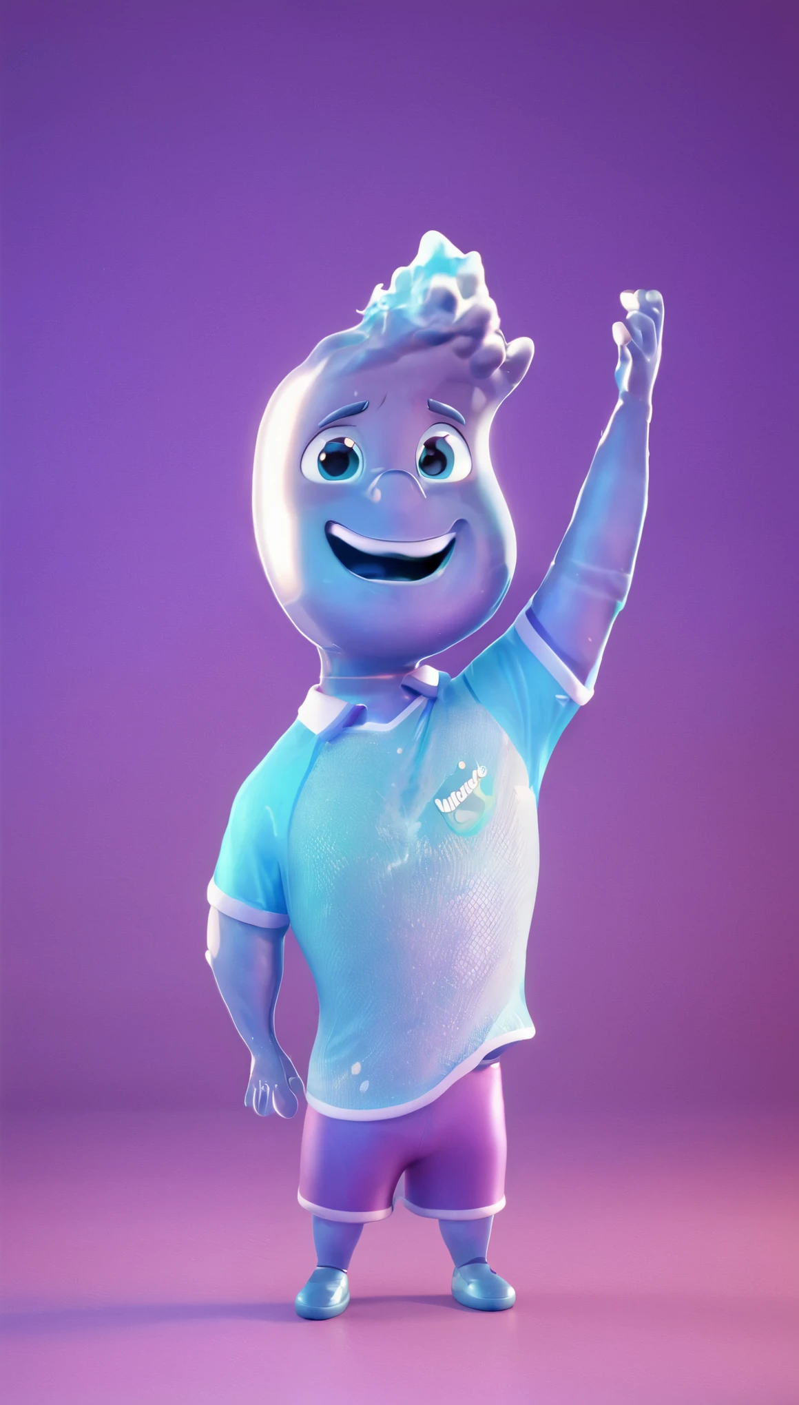 small chibi wade 3d render, wade holding something over the head with his arms raised to top, cute blue chibi wade, purple shirt, 3d render, detailed cartoon hands