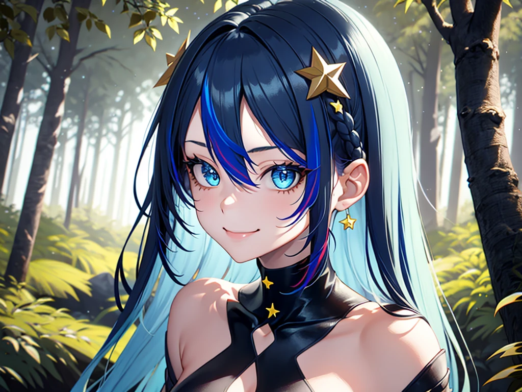 girl usando um terno preto e dourado, higly detailed, whit cute face, best quality, 1girl, sorrindo, long hair, capa muito detalhada, ribbon, forest in the background and she standing looking at the sky, beautiful, detailed eyes, blue eyes, long hair, highly detailed, finely detail, (stars), (streaked hair), ((Ink Blue hair)), (white inner hair)