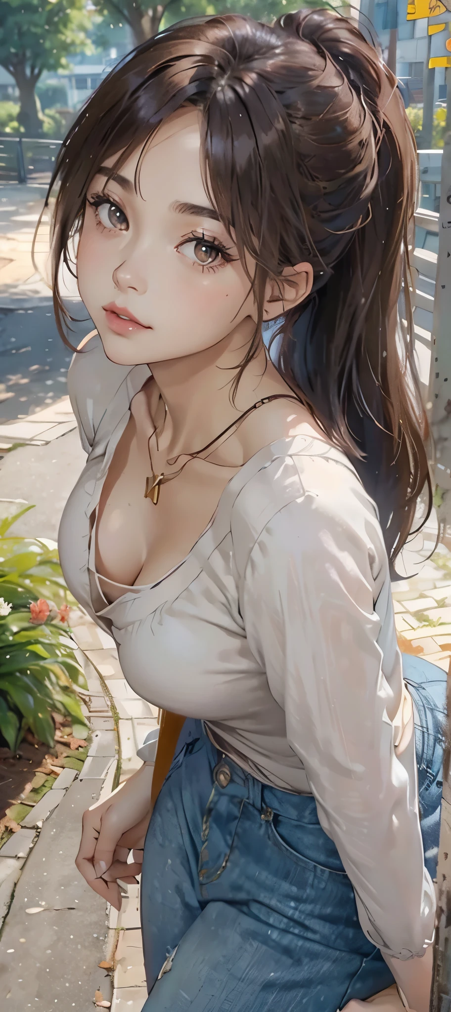 light brown hair, small breasts, slim waist, thick thighs, well-shaped butt, Because I&#39;m slender, ponytail, (((tight blouse))), cleavage, necklace, seductive posture, breast squeeze, down blouse, leaning forward, garden, path, wood, flowers, With a distant city in the background, looking at the viewer, sultry look