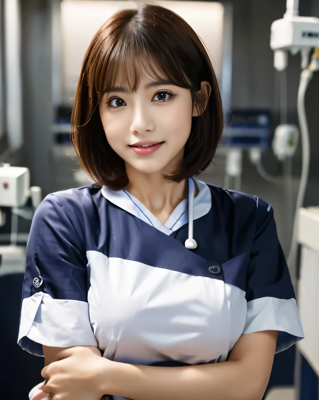 1 girl,(Wearing white nurse clothes:1.2),(RAW Photos, highest quality), (Realistic, photo-Realistic:1.4), masterpiece, Very delicate and beautiful, Very detailed, 2k wallpaper, wonderful, finely, Very detailed CG unity 8k wallpaper, Very detailed, High resolution, Soft Light, Beautiful detailed girl, Very detailed eyes and face, Beautiful and detailed nose, finely beautiful eyes, nurse, Perfect ???????, Black Hair, Upstyle, nurse uniform, ((nurse cap)), Long skirt, nurse, White costume, thin, hospital, clear, White Uniform, hospital room, Neck auscultation,(uetoaya)、light makeup