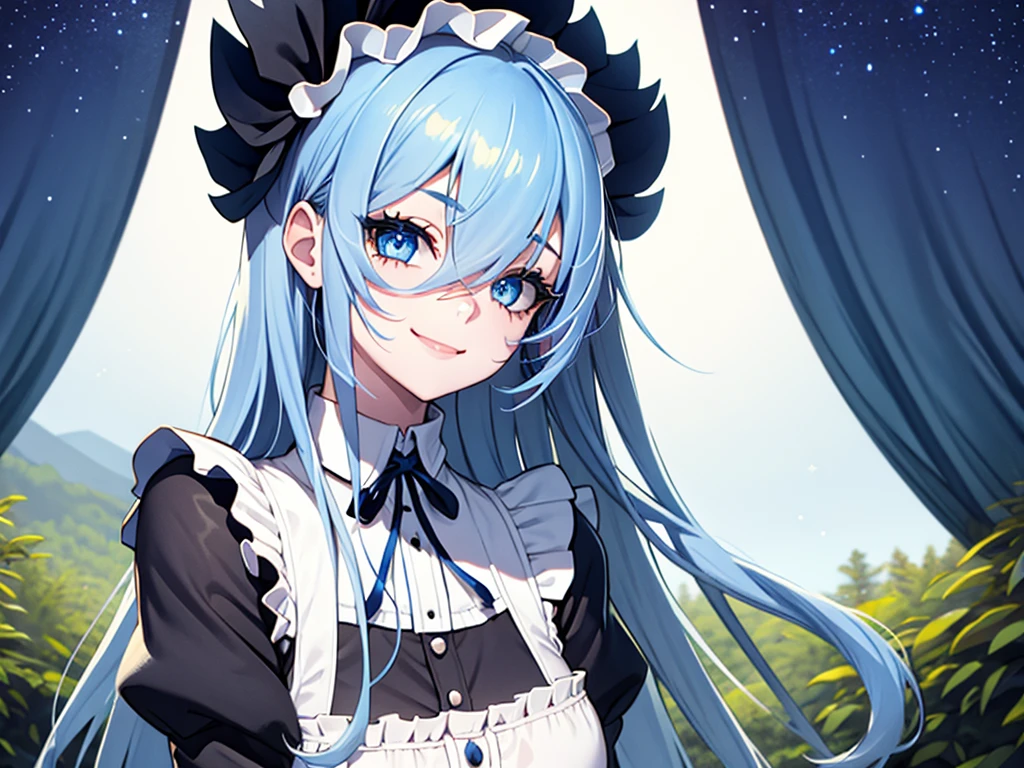 girl maid, higly detailed, whit cute face, best quality, 1girl, sorrindo, long hair, capa muito detalhada, ribbon, forest in the background and she standing looking at the sky, beautiful, detailed eyes, blue eyes, long hair, highly detailed, finely detail, (stars), (streaked hair), ((Ink Blue hair)), (white inner hair)
