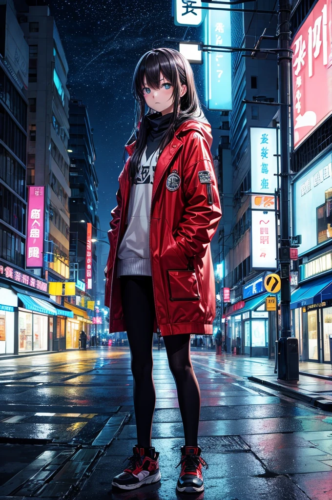 highest quality、street corner at night、standing still、A slightly sad expression、neon、Melancholy drifts in the air