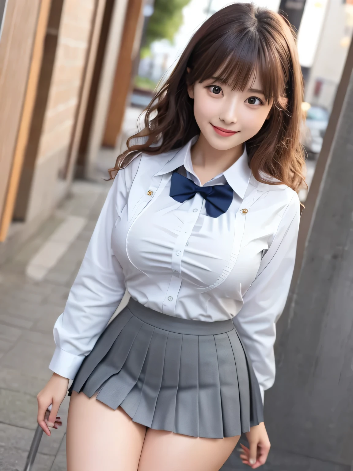 8k, highest quality, real image, intricate details, Super detailed, ultra high resolution, depth field,(realistic,realistic:1.2), from the middle, 1 Japanese girl, very beautiful  girl, Big eyes, beautiful breasts:1.5、highly detailed eyes:1.2), (beautiful breasts:1.1), (small breasts:1.2), wavy hair、curly hair、bangs, perfect skin, Fair skin, (huge hips:1.2), (thick thighs:1.2), (thick legs:1.2), (cleavage), tight waist, light blush, alone, looking at the viewer, (smile:1.2), (School_uniform), (white shirt), (gray pleated skirt), (sculpture installation :1.1), break (closed mouth)