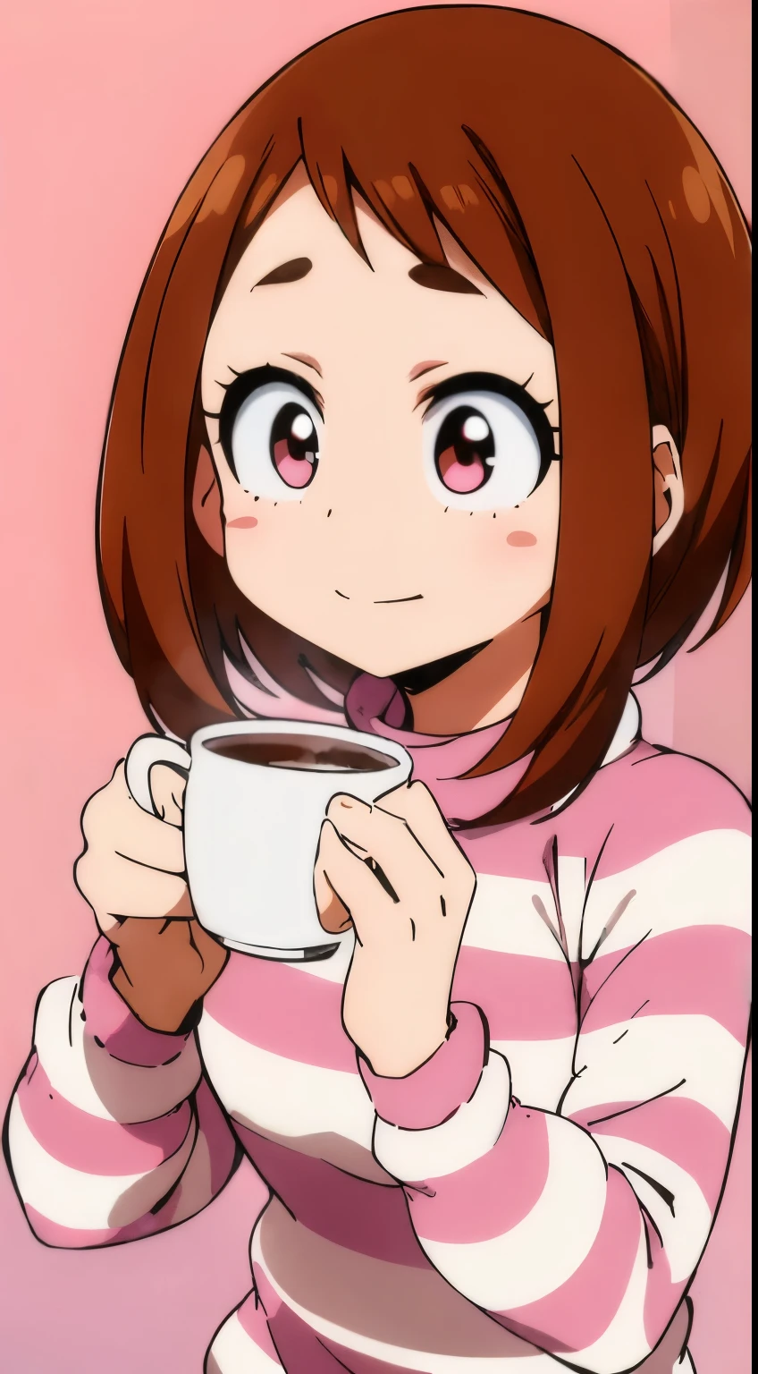 uraraka ochaco, 1girl, drinking from a cup of tea, in a striped sweater, furry sweater, ((drinking a cup of tea)), extremely cute anime girl face, cute anime, with a cup of hot chocolate, (anime girl), drinking tea, looking at the viewer, pink sweater, sitting on the bed, pink background, Simple background