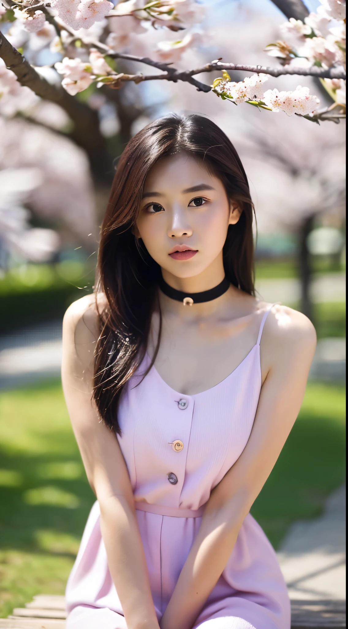 (highest quality、8k、32K、masterpiece、nffsw:1.2)、photo of cute japanese woman、video angle, Depth of written boundary, (looking at the viewer), (right foreground: 1), (standing photo: 1), girl, (alone),silver hair,(white skin:1), (wide hips:1.1), girl, (beautiful cherry tree background), (cherry blossom background: 1.4), (cherry blossom background: 1.4), (pink clothes), (bare shoulders, pink shirt), sharp nails, Detailed corners, choker, thigh boots, (ponytail, hair between eyes), (silver hairの), (purple eyes), (flat chest: 1.2), No expression, stunned, sleepy, seaweed, seaweed, seaweed, seaweed, seaweed, seaweed, seaweed, seaweed