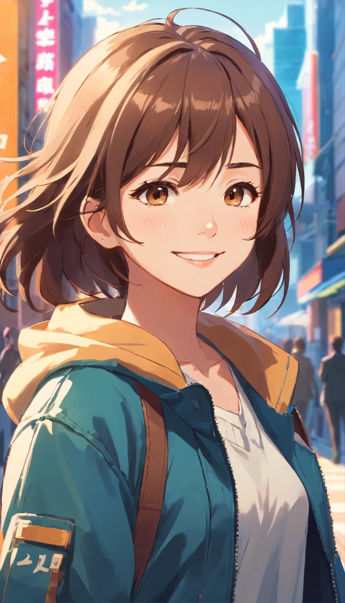 A beautiful and cute girl, smile on face, wearing jacket, decent look, handsome girl, attitude, beautiful brown eyes, brown hair, cool style, 16y, detailed face, 8k