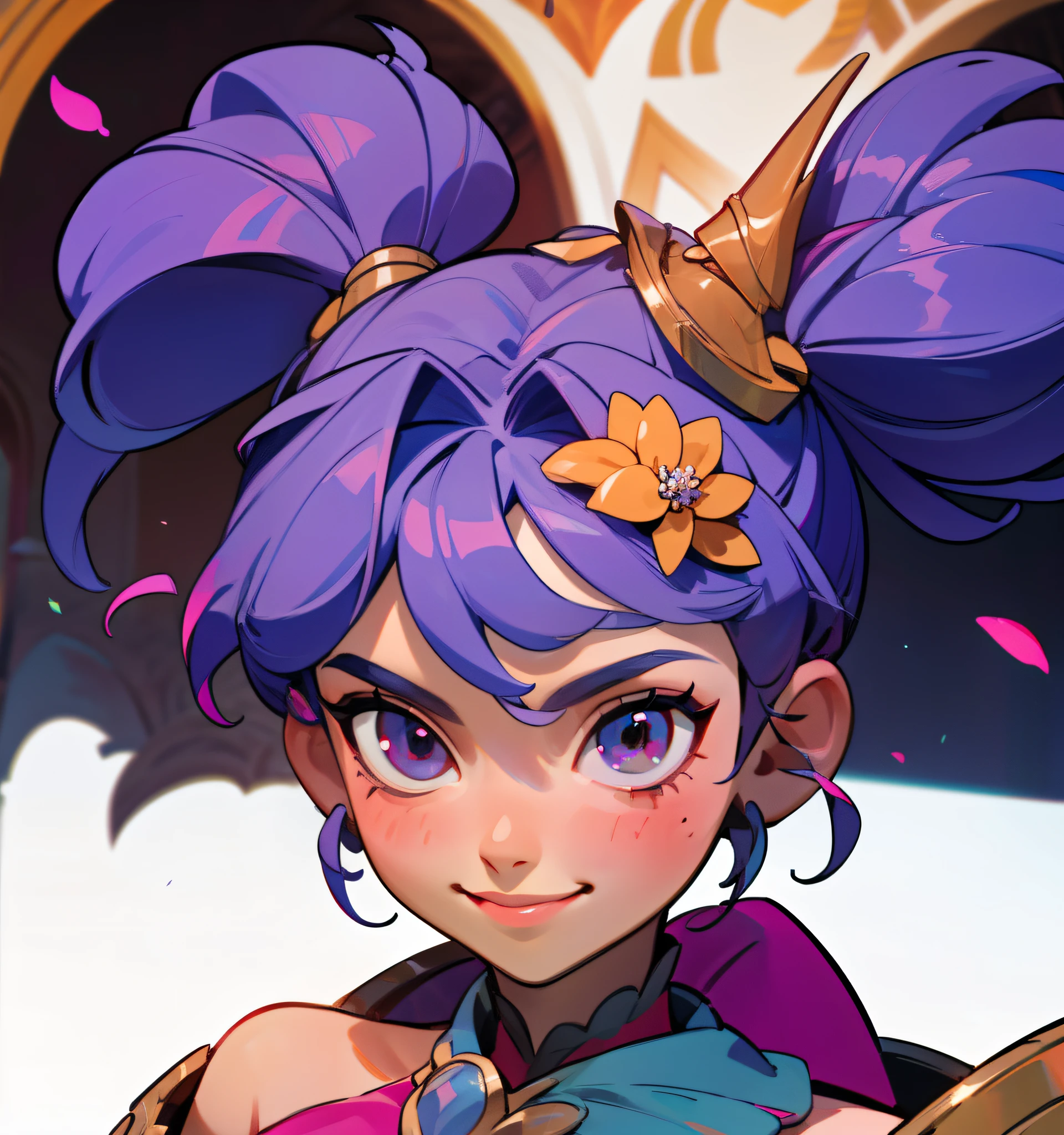 Miss, Smile, warrior, armor, elegant, pink skirt, aristocratic, silver element, Long nails, bare shoulders, hairstyle, hair standing on end, Braids and ponytails, absurd, detail dress, royalties, celebration, Hall decorated with flowers, Cowboy shooting, portrait, (best quality), (masterpiece), (Very detailed), (4k)