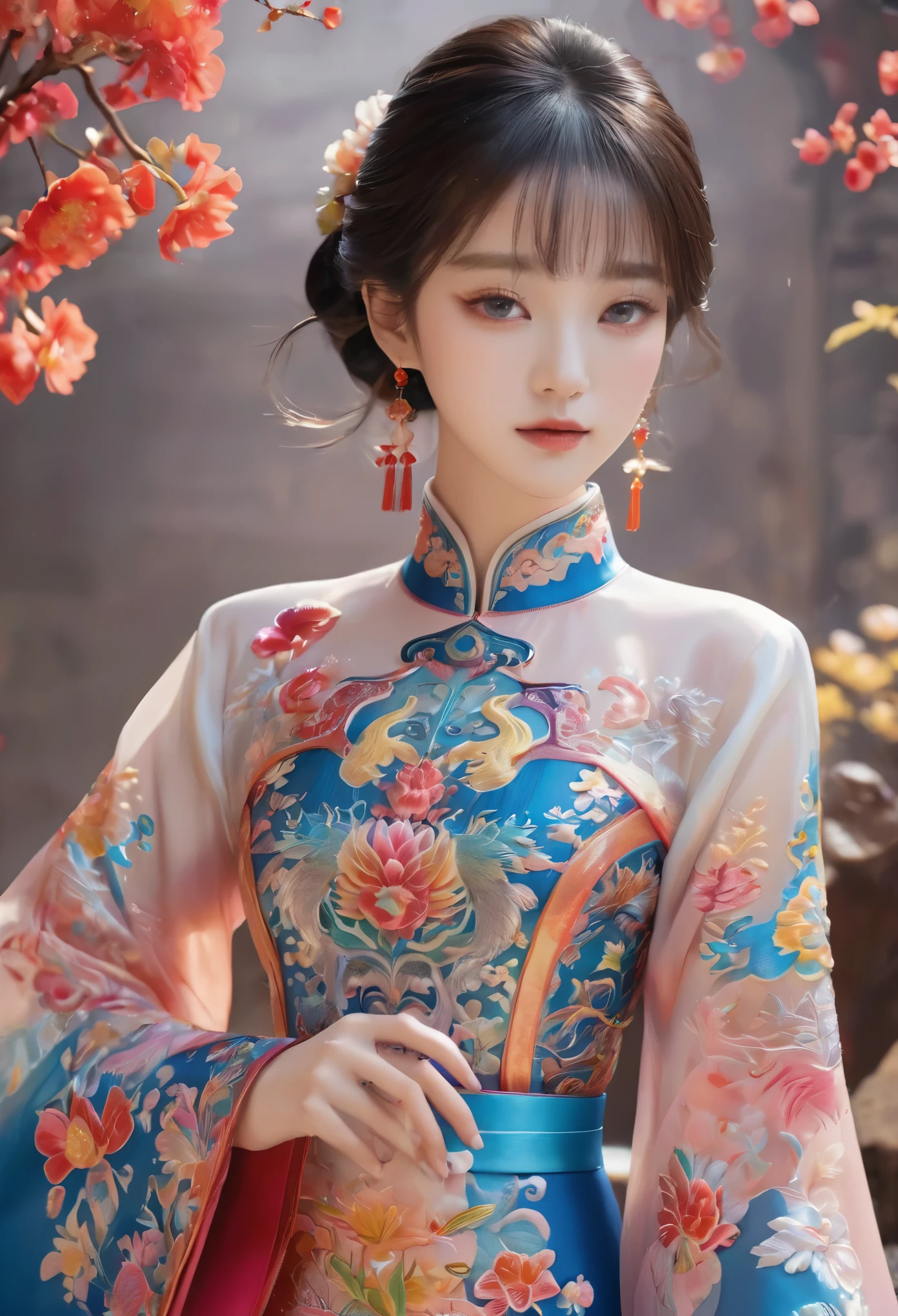 draw embroidery work,dragon embroidery,chinese clothing design,silk fabric,symmetrical style,full body queen、colorful art flowers、Super detailed and detailed images、the flowers are shining、Her eyes are also glowing blue、
