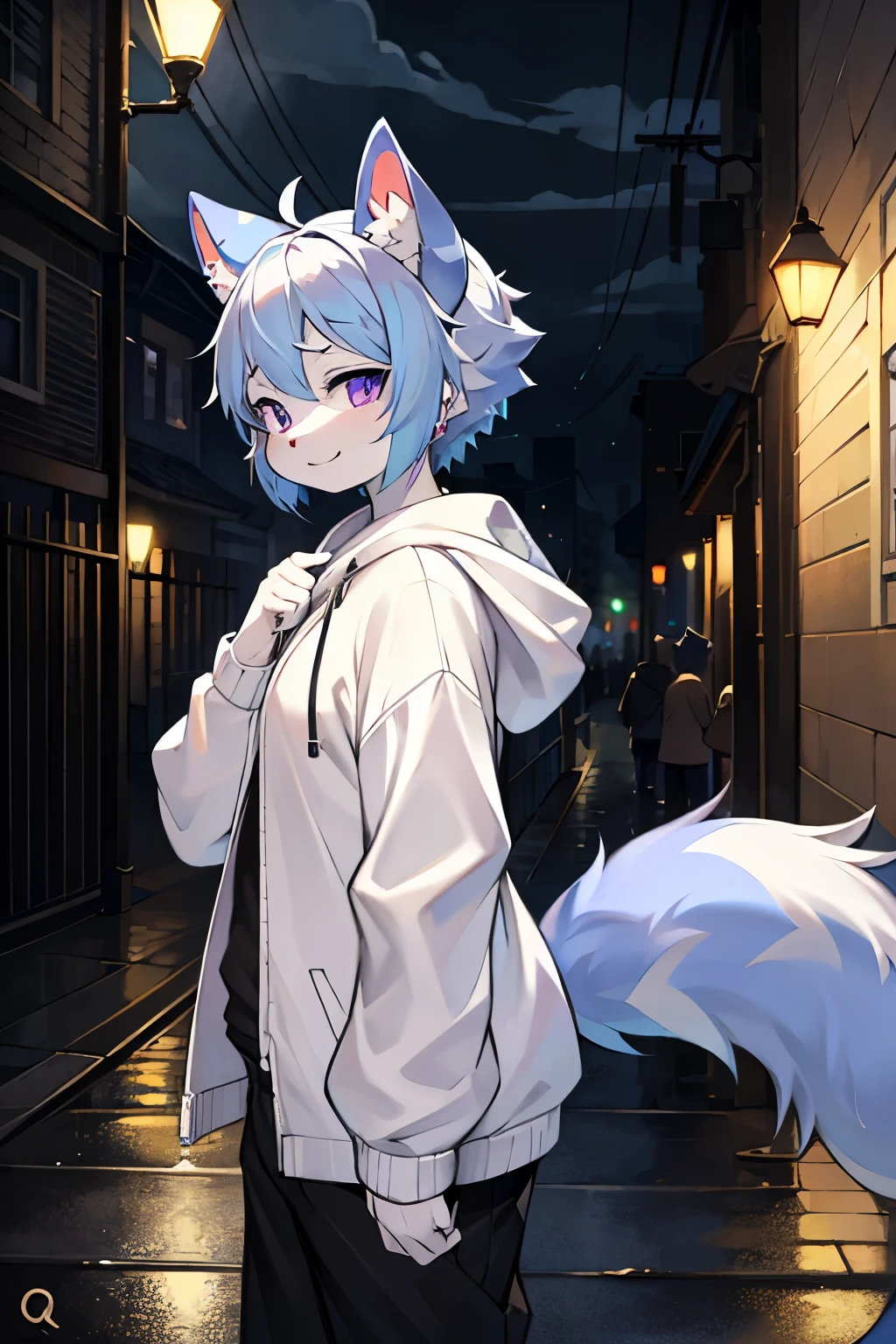 cat plush,hairy,furry,bust avatar,Colorful Patterned White Sweatshirt,Black casual pants with white stripes,Q version,cute,Simple art style,Cartoon style,purple eyes,Cheerful,happy,Ears with blue hair and ear tips with white hair,blue hair on back,Big tail blue tail tip white,raincoat,dark clouds,street,street lamp,passers-by,rain,rainwater,heavy rain
