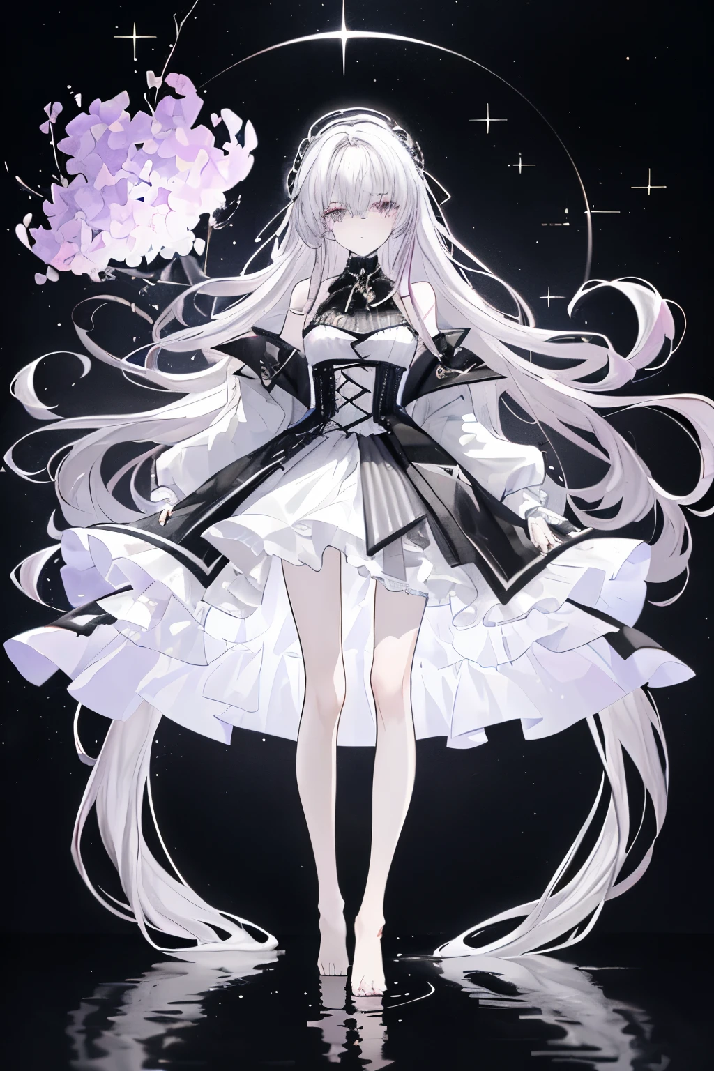 Lilac gradient hair,asymmetrical hair,((Hair is very thick 1.8,Well-defined head 1.6)), hair past shoulders, messy hair, very long hair, shiny hair,(long gray hair:1.2),a beautiful girl,(Luxurious Platinum Mini ta,Made of transparent material),(Transparent clothes transparent 1.8),Perfect body,high and high,slim,(looks sad,Looking haggard、Looking haggard、pale nipples ,sad,shut your mouth:1.2) Against the backdrop of an unusually bright dark starry sky,Stand up(Put your hands behind your back),(round, medium large, firm breasts),barefoot,float,water surface,(long legs,long legs,long legs,Gestalt),full-body shot