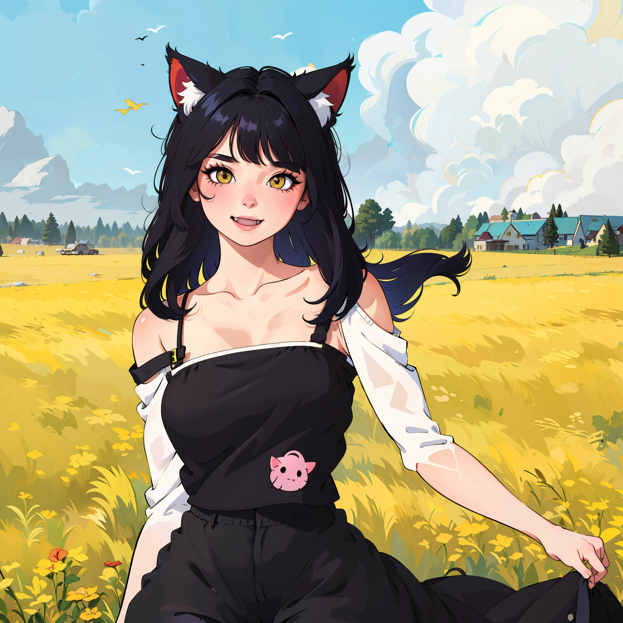 (masterpiece, best quality:1.2),illustration,8k,hd,absurdres,1girl,solo,upper body,(portrait:1.2),animal ears,black hair, yellow eyes,animal ear fluff,cat ears,short shorts,bell,navel,mismatched eyebrows,cat tail,denim shorts,black shirt,short hair,jingle bell,midriff,cat girl,sandals,long sleeves,fang,smile,off shoulder,looking at viewer,tail bell,tail ornament,flip-flops,bangs,collarbone,breasts,clothes writing,black footwear,open clothes,crop top,