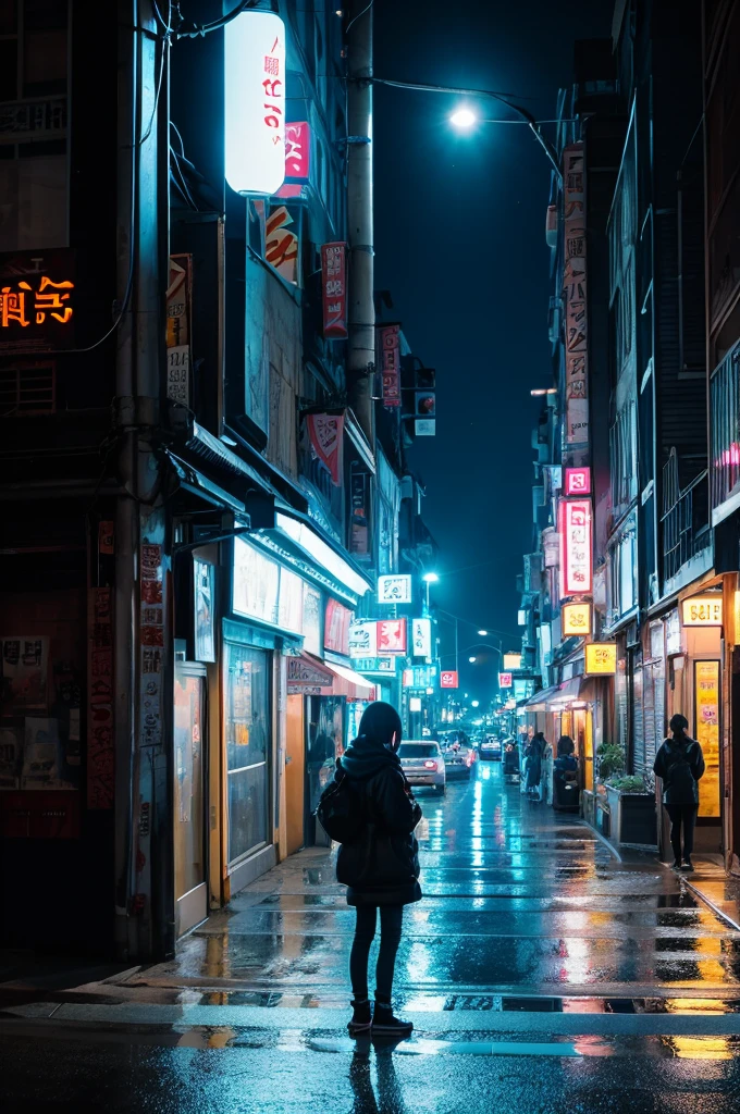 highest quality、street corner at night、standing still、A slightly sad expression、neon、Melancholy drifts in the air