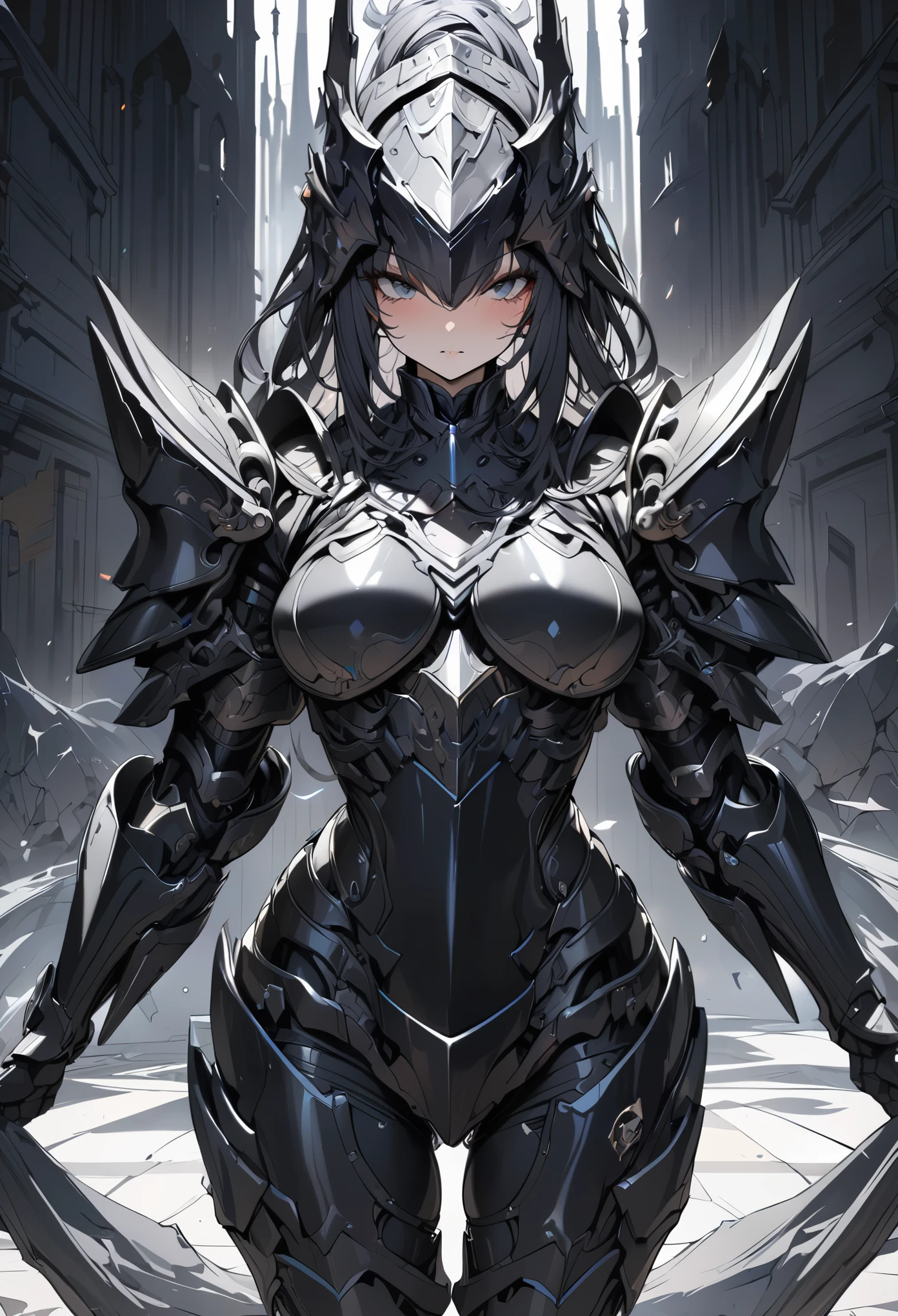 Ultra detailed, 4K, masterpiece, heavily armoured girl, no helmet, dark plate armour
