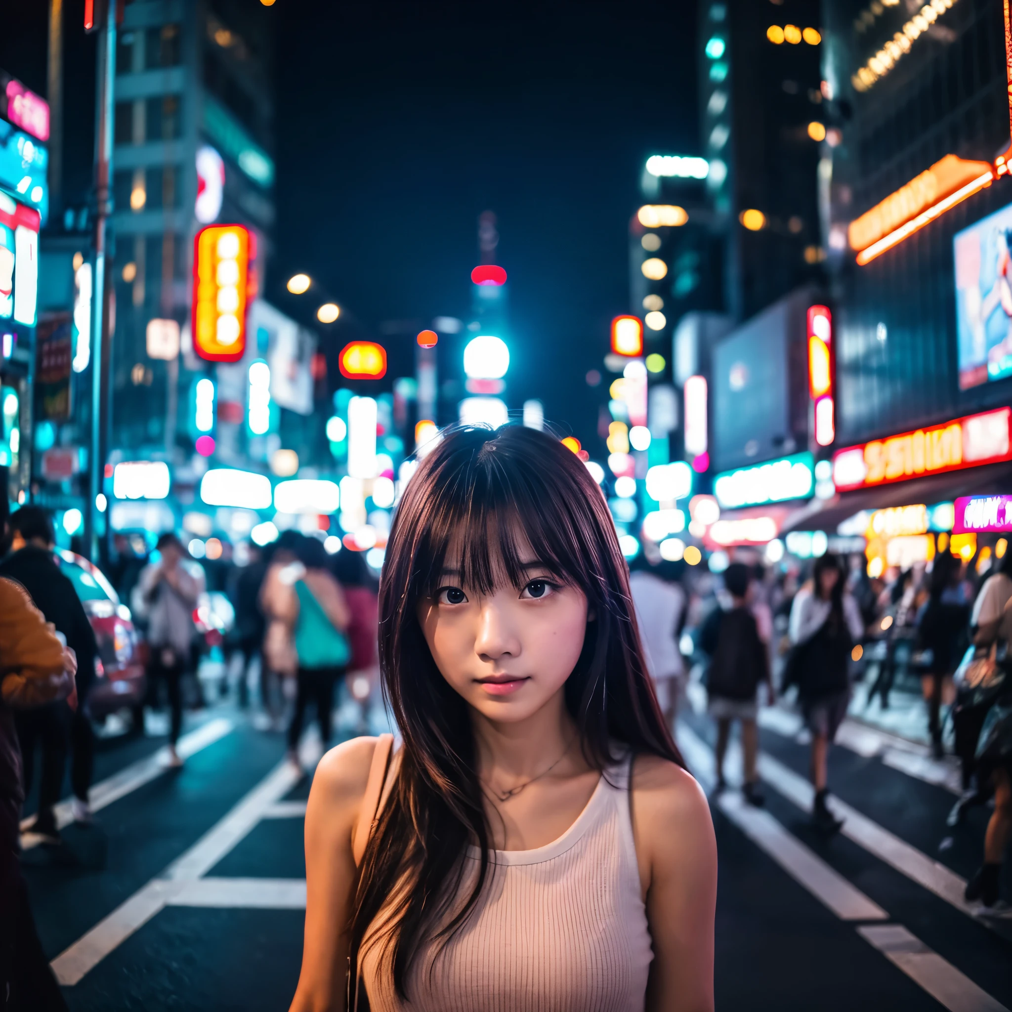 1girl, Tokyo street,night, cityscape,city lights, upper body,close-up, 8k, RAW photo, best quality, masterpiece,realistic, photo-realistic,