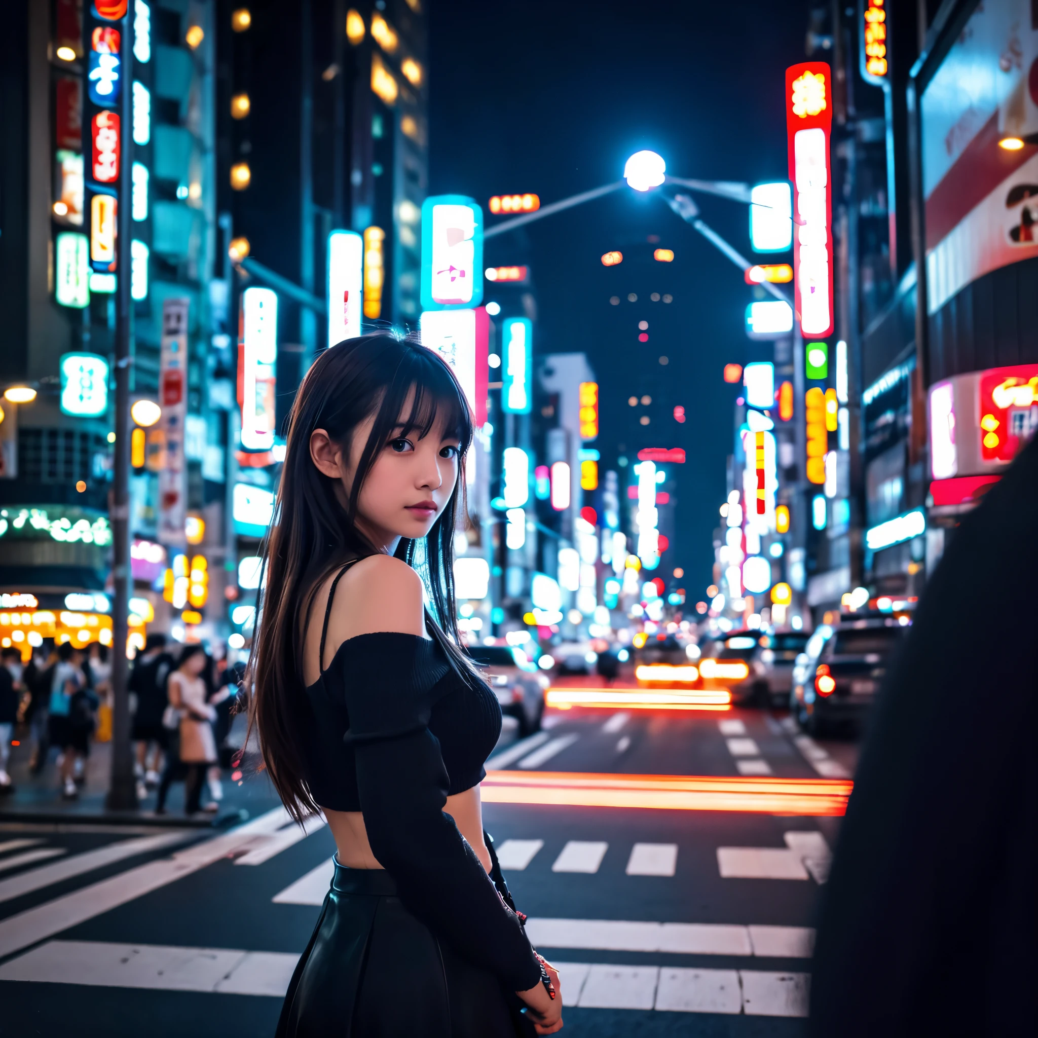 1girl, Tokyo street,night, cityscape,city lights, upper body,close-up, 8k, RAW photo, best quality, masterpiece,realistic, photo-realistic,
