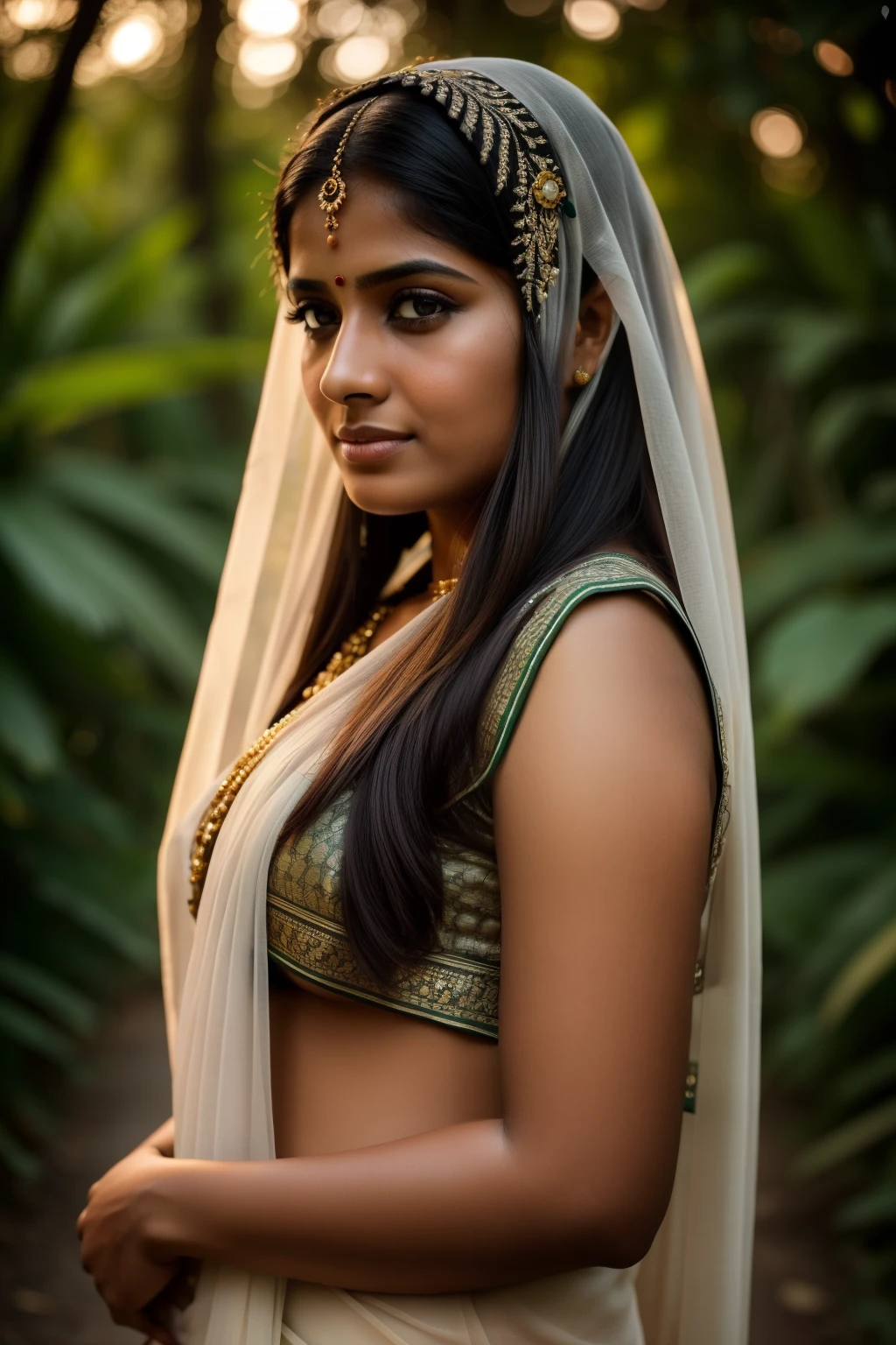 A portrait of a 27 year old Bangladeshi muslim women wearing saree,Veil on the head, saree color is solid, simple eyelyshe in her eye, standing middle of a jungle road,background bumble bee flying, moody tone, dreamy , hand with cuplammp, soft light tone in her face, environment is in sunset, set a fill light in the left side, dark tone, girl skin brunatee, silky hair, soft light, portrait photography, RAW, realistic face detail,detailed facial features, firminbaes,backgroundblurbokeh , intense gaze,captured by Sony Alpha a7 Illcamera with Sony FE 24-105mm f/4 G OSS lens*