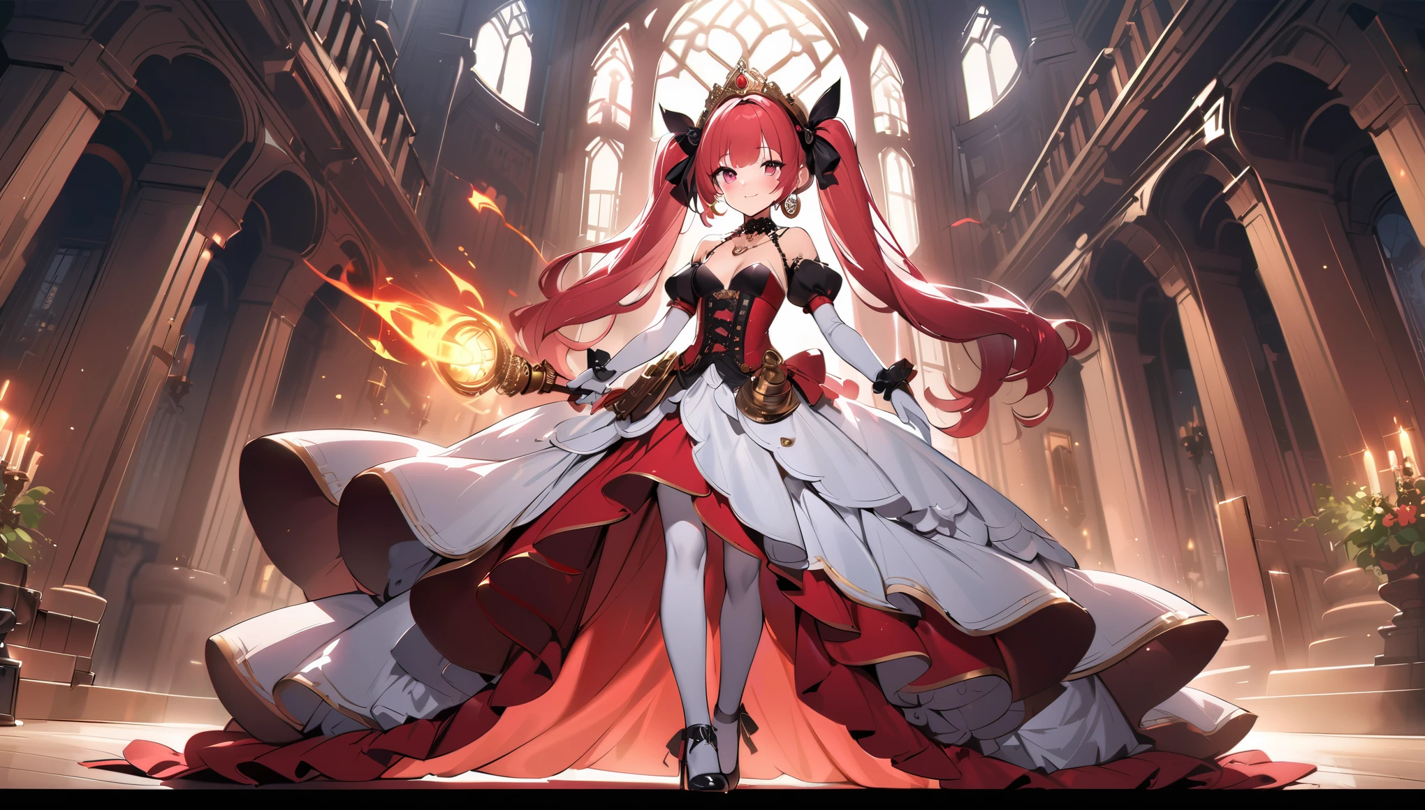 (best quality,4k,8k,highres,masterpiece:1.2),ultra-detailed, Pretty princess, drawn in anime style, is cute and happy, long red pigtails hair, pink eyes, small breast, makeup and lipstick, steampunk, red ball gown with puffy sleeves,physically-based rendering,gorgeous dress design,flowing gown,elaborate lace details,rich textures,contrast stitching,delicate ribbon bows,floral accents,full skirt,short sleeves,fitted waistline,lace-up back,luxurious fabrics,flawless silhouette, petticoat, bustle, corset, hair ribbons, white elbow gloves, ruby earrings and necklace, gold tiara, high heels, wielding a fire magic wand, standing in castle bedroom, highly detailed, 4K.