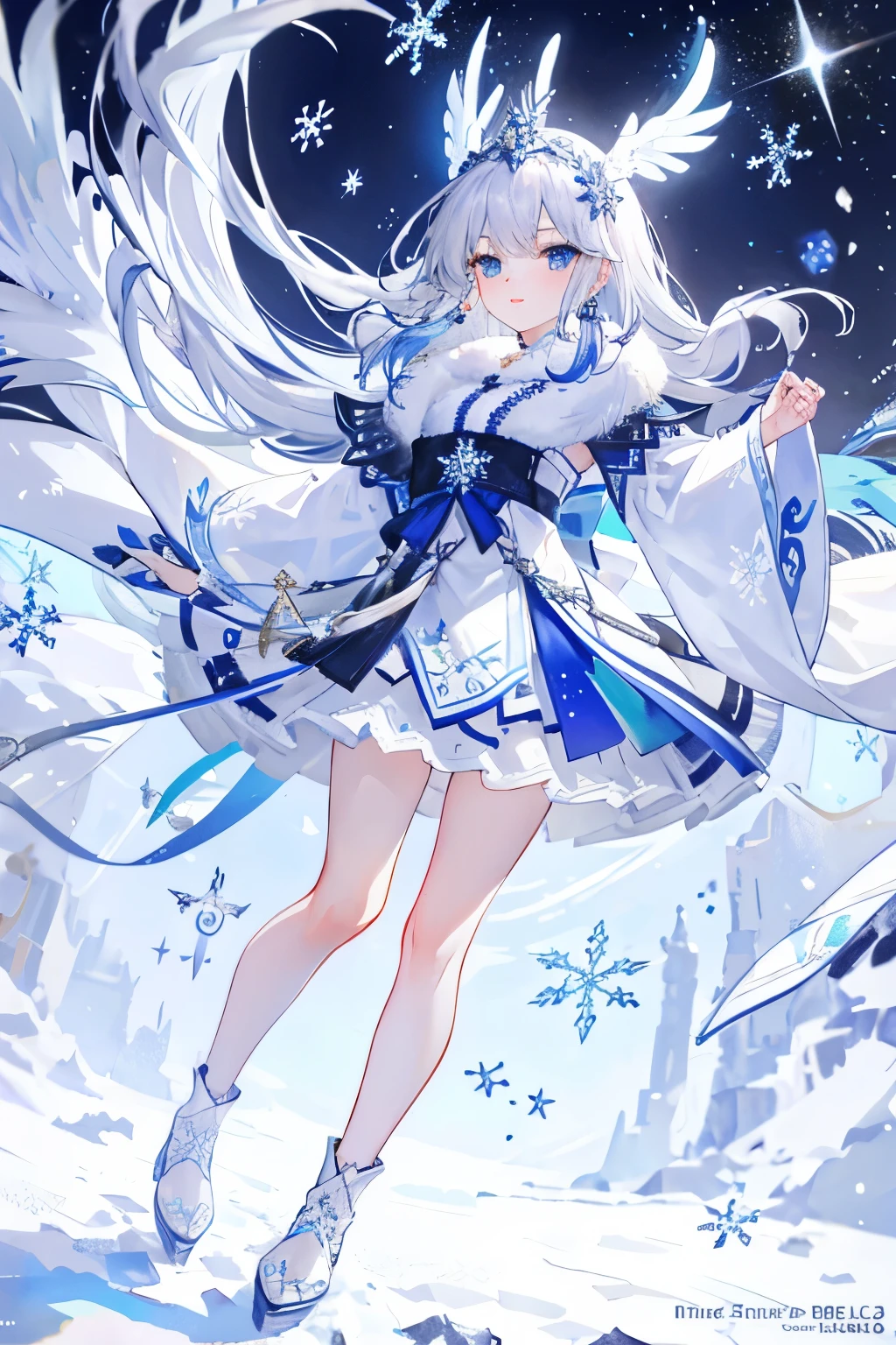 highest quality、cinematic lighting、Snow Spirit、mini skirt、white panties、night sky、(Photo 1 seen from below:1)、Girl in the Sky、