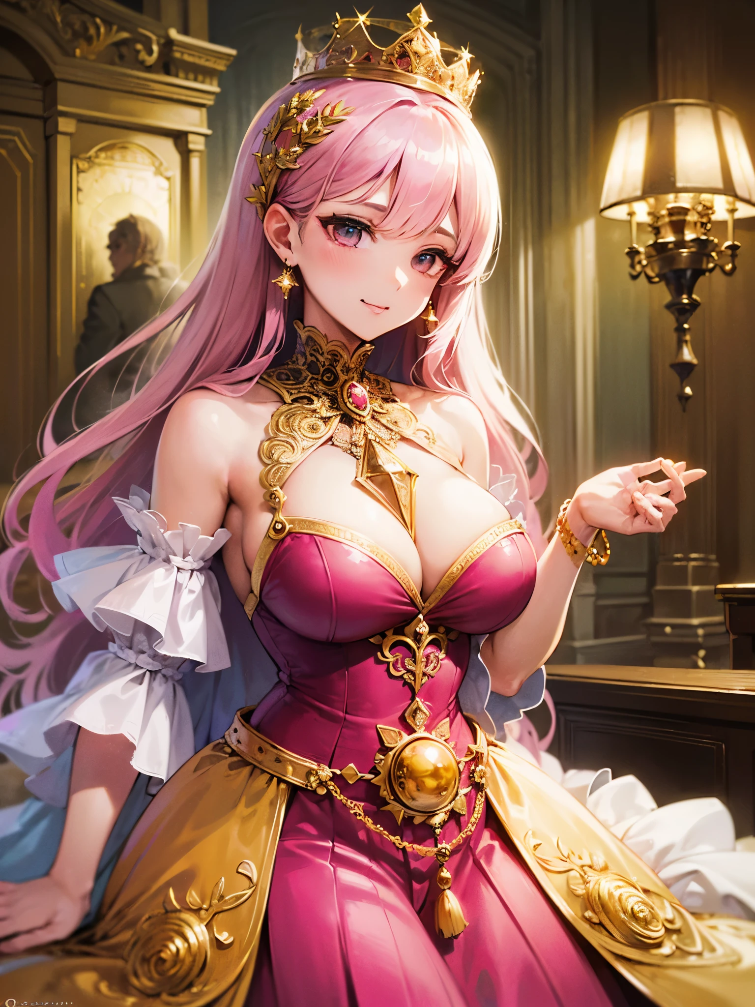 ((highest quality)),(ultra high resolution),(Super detailed),(detailed description),((best CG)),(best work of art),super precision art,amazing drawing art,(Art with precise details:1.5), (Queen:1.8),(beautiful and well-shaped face:1.5),smile:1.5,(A luxurious, pink Rococo dress with intricate details:1.5),