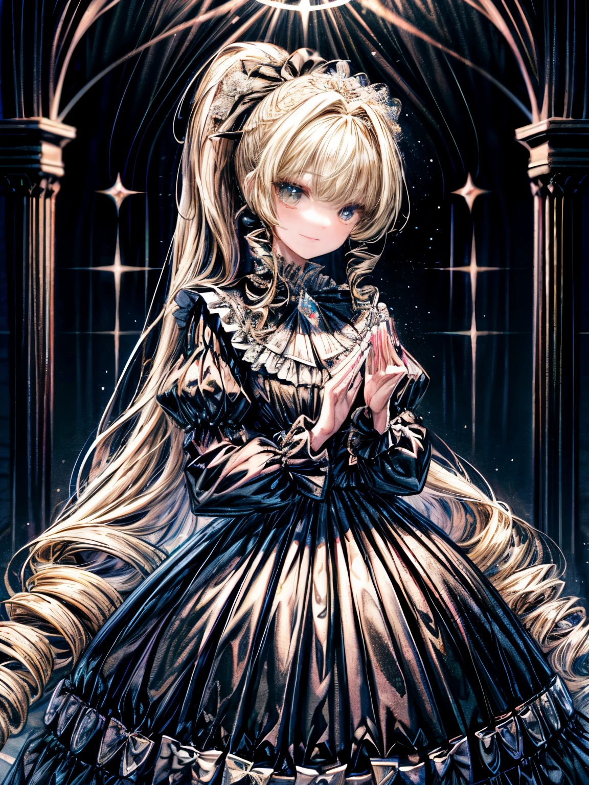 dramatic composition, coat style dress, royal, nice, カスケードfrills, frills, bow, crystal chandelier, roman curly hairstyle, ponette, (((double ponytail like a drill))),Blonde girl， look at the camera, bangs, maximalism, palace background, Delicate depiction of hair and eyes, princess dress, nice skirts, flowers in hand, smile, Eyes like the starry sky, cinematic light, extreme detail, High resolution, happy girl, very long hair, diamond, broken diamond, crystal shards, particles of light