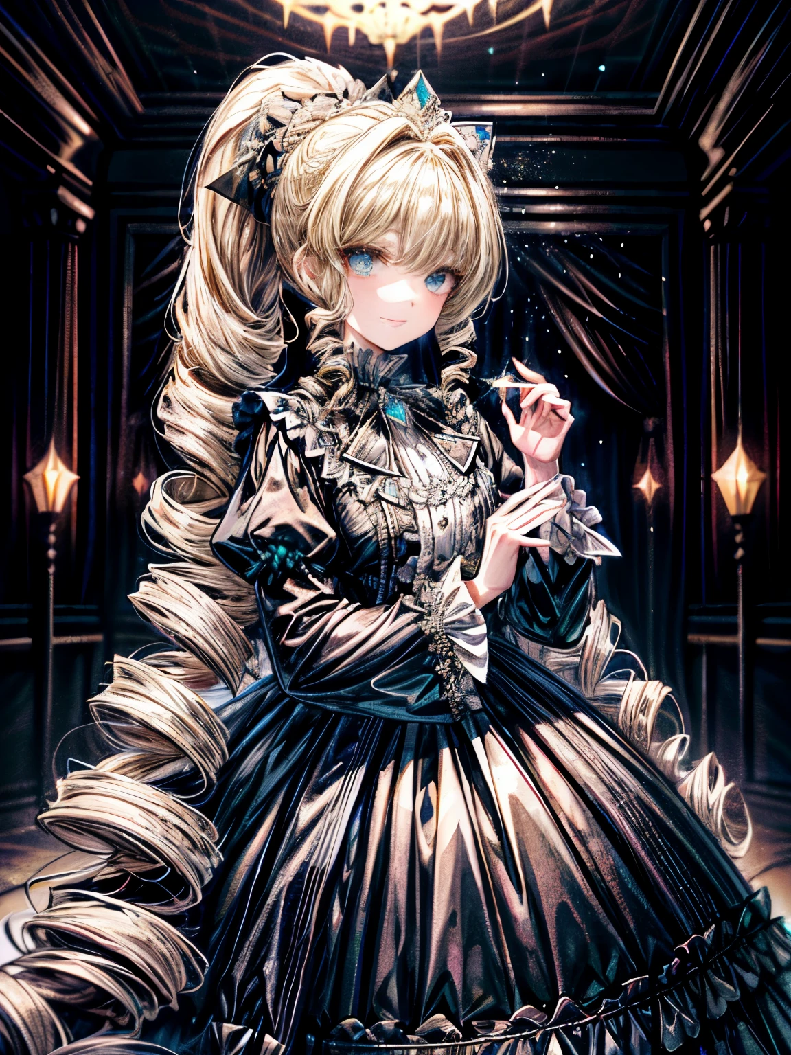 dramatic composition, coat style dress, royal, nice, カスケードfrills, frills, bow, crystal chandelier, roman curly hairstyle, ponette, (((double ponytail like a drill))),Blonde girl, look at the camera, bangs, maximalism, palace background, Delicate depiction of hair and eyes, princess dress, nice skirts, flowers in hand, smile, Eyes like the starry sky, cinematic light, extreme detail, High resolution, happy girl, very long hair, diamond, broken diamond, crystal shards, particles of light