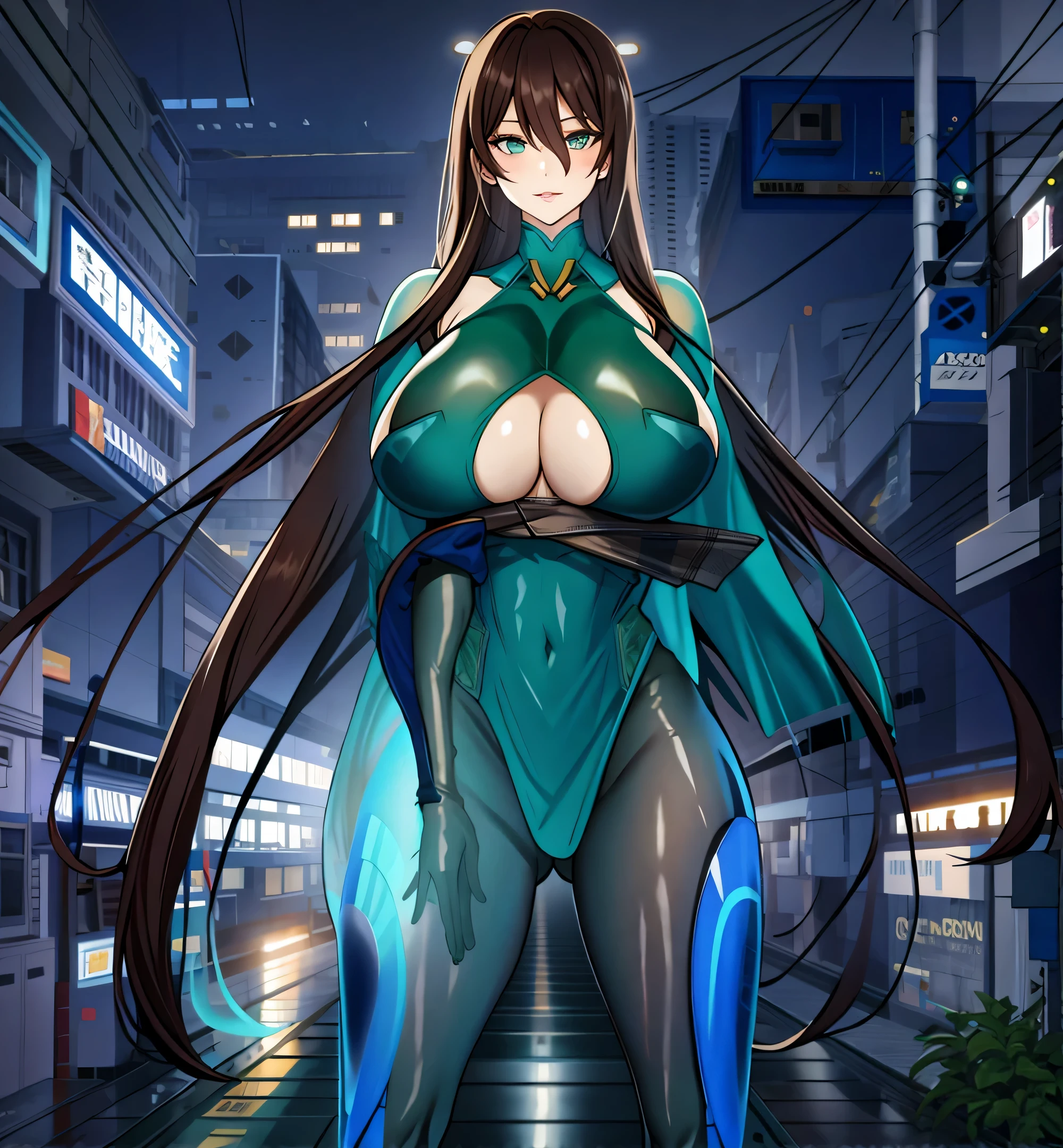 dark brown hair, blue colored dress, green eyes, gigantic breasts, cleavage, bare legs