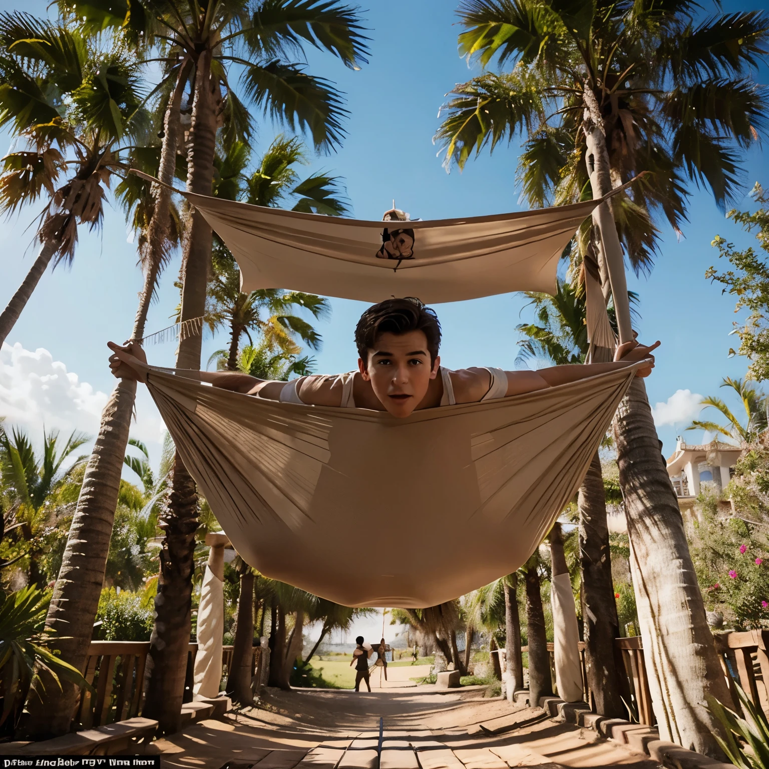 Make a Disney Poster, the name of the film is straight to the ground with a boy falling out of the hammock