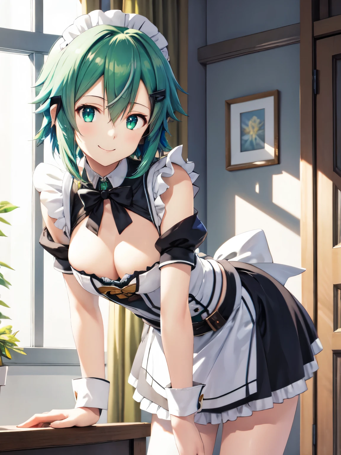 Super detailed, High resolution、green hair, Sinon, short hair、1 girl, smile、Victoria maid uniform with open chest、morning、absolute reference to center、service、service,leaning forward、