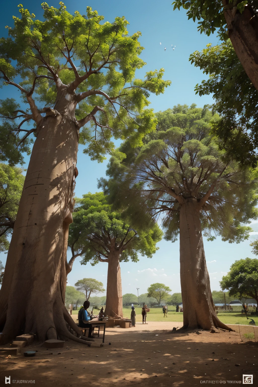 Title: Comium Values"
Concept:
The illustration revolves around a majestic Baobab tree, symbolizing the core values of quality, community, and innovation. The tree stands tall and proud, its massive trunk embodying the essence of quality, with roots deeply embedded in the ground, representing a strong foundation.
Composition:
Baobab Tree: The focal point of the illustration. Its branches extend outward, reaching towards a vibrant sky, showcasing unity and diversity.
Community Circle: Diverse age groups in traditional Gambian outfits form a circle around the Baobab tree, holding hands. This circle symbolizes a strong sense of community and customer-centric values.
Kora Instrument Symbols: On the branches of the tree, incorporate symbols of the kora instrument. These symbols represent tradition, cultural richness, and a connection to heritage.
Innovation Elements: Integrate subtle symbols of progress and innovation, such as gears, within the tree branches or scattered around the composition. These elements signify forward-thinking and modernity.
Color Palette:
Baobab Tree: Rich browns and greens for the trunk and leaves, symbolizing growth and life.
Traditional Outfits: Vibrant colors like yellows, blues, and reds, reflective of Gambian culture and diversity.
Sky: A gradient of warm colors, transitioning from sunrise to sunset, representing the passage of time and continuity.
Details:
Clothing: Pay attention to intricate details in the traditional outfits, emphasizing the cultural richness and diversity within the community.
Instruments: Elaborate details on the kora instrument symbols, ensuring they are recognizable and add authenticity to the illustration.
Innovation Elements: Subtle, yet clear, incorporation of gears or other symbols associated with progress. Blend them seamlessly into the composition.
Overall Mood:
Vibrant, celebratory, and inclusive. The illustration should evoke a sense of pride in tradition, unity within the community, and e