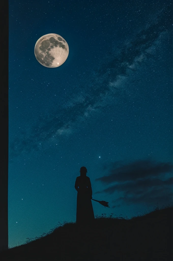 highest quality,big moon and shadow,A silhouette of a person can be seen against the background of the big moon.,There is one full moon,There is a mood,beautiful scenery,starry sky