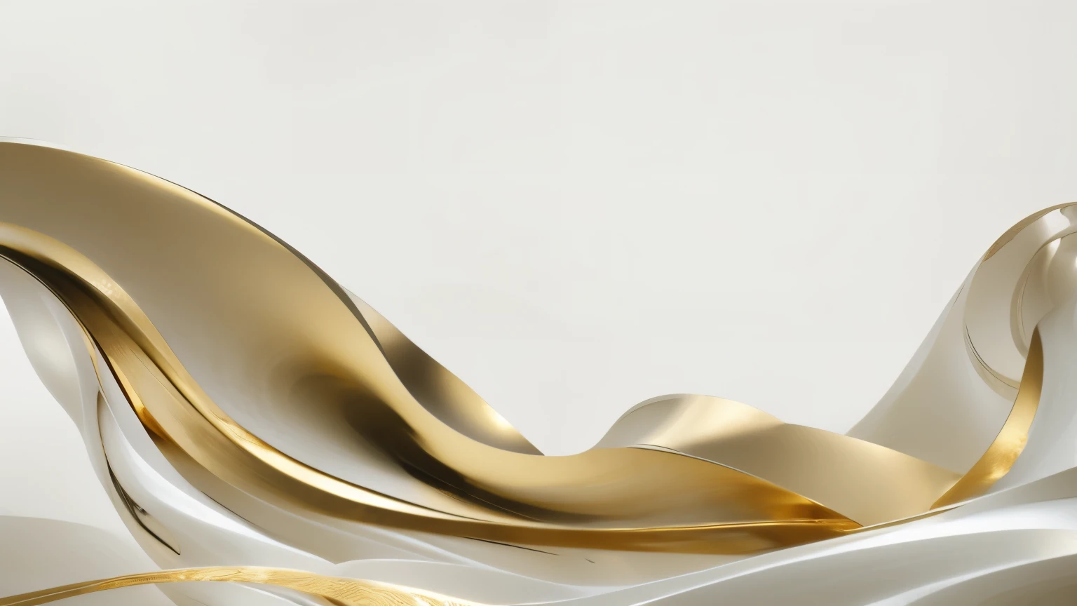 a close up of a gold and white abstract background with a wave, gold and white, silver white and gold, gold silk, golden curve composition, golden smooth material, white and gold, golden and silver colors, gold and silver shapes, golden curve structure, white and gold color scheme, draped in shiny gold and silver, interacte smooth flowing lines浅白色和浅琥珀色的半透明液滴，Rendered in Houdini tracking style。Minimalist composition，The main color is white，Highlight joints and connections。The design incorporates smooth curves。The edges are well defined。