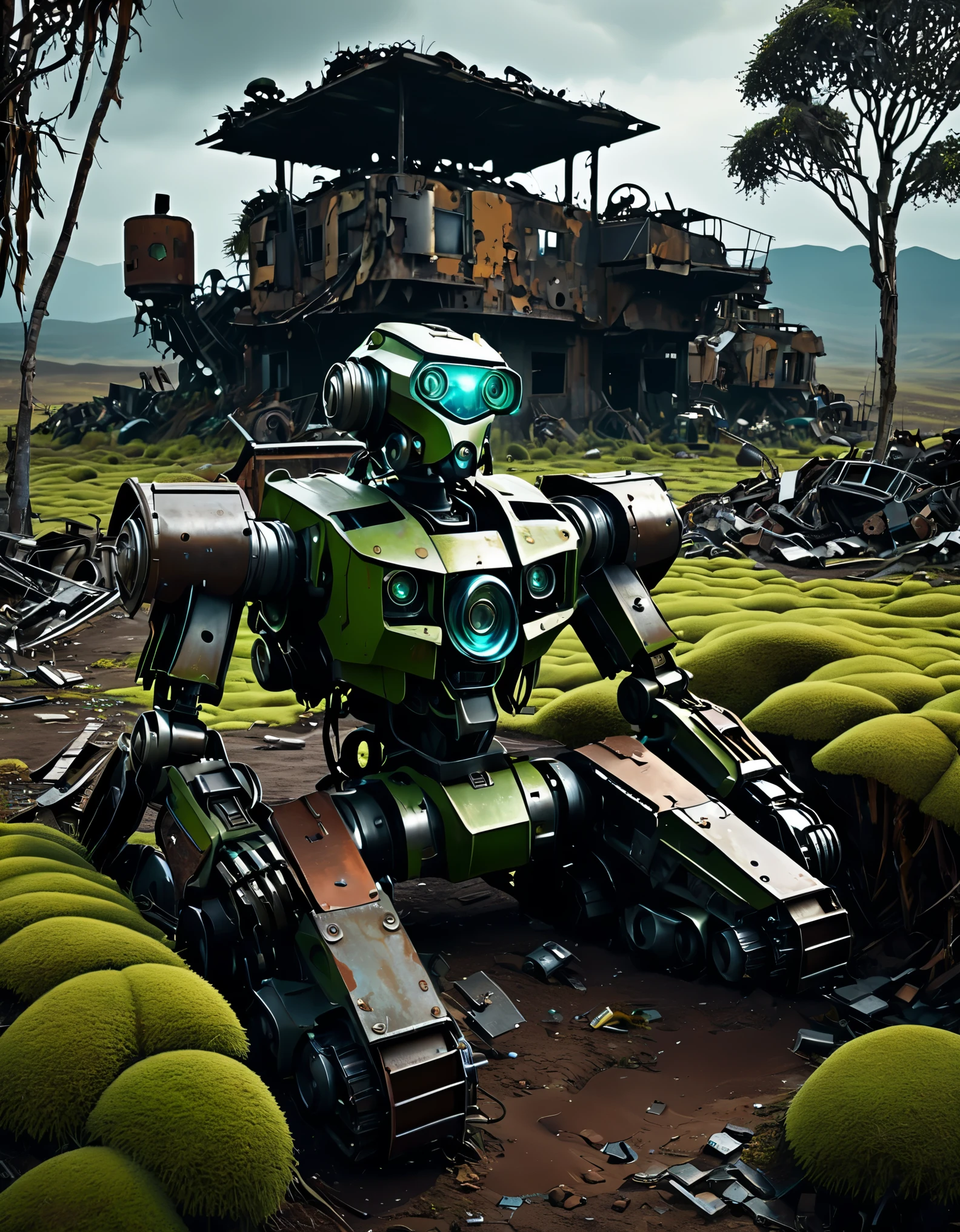 Abandoned mechas lie in the ground，(Best Quality, High Definition), Abandoned machinery, super duper robotic heads with severed limbs, super duper robotic heads with mutilated bodies, super duper scrapped robotic heads, super duper broken mecha trash mountains, mechanical trash mountains, post-apocalyptic, anti-utopia, rusty metal, broken parts, moss, ghostly atmospheres, destroyed cities, mechanical wrecks, inanimate, desolation, somber lighting, dramatic perspectives, decay, futuristic, cyberpunk aesthetics, darkness, contrasts, shadows, mystique, abandoned buildings, debris, discarded machinery, ghosts, silence, loneliness, barrenness, fields